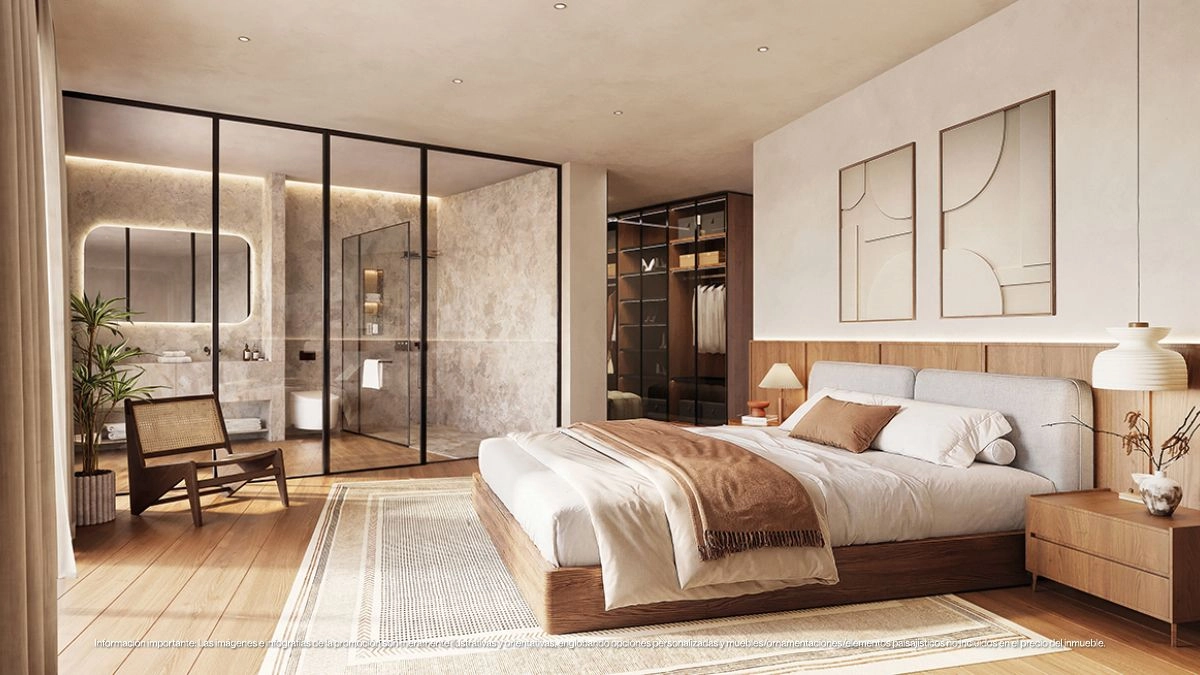De serene hoofdslaapkamer biedt een rustig toevluchtsoord, met kalme, neutrale tinten en een ruim, modern design.