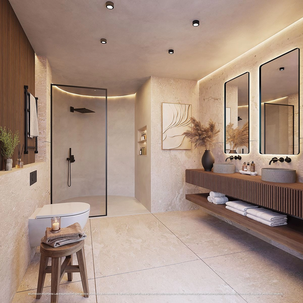 Een prachtig ontworpen badkamer met hoogwaardige natuurlijke materialen, die een spa-achtige sfeer creëert voor dagelijkse ontspanning.