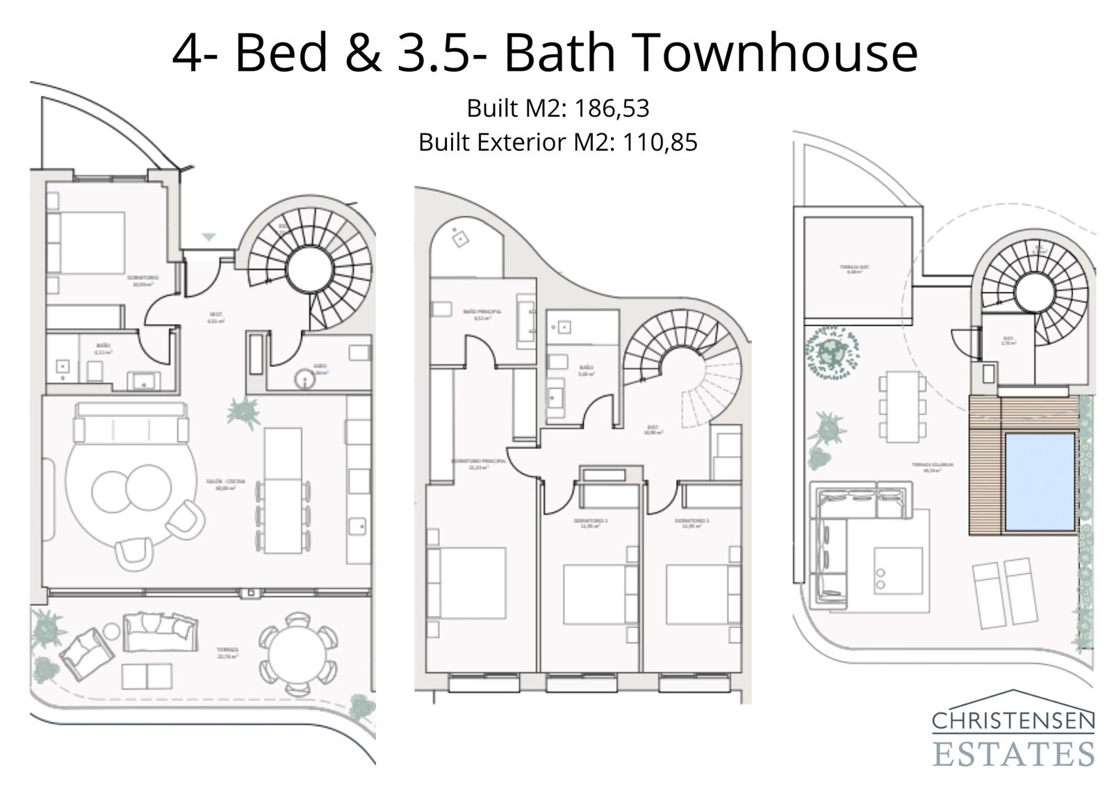 Een royale woning met vier slaapkamers, ontworpen voor comfort en luxe, met meerdere terrassen en een privézwembad op het dak.