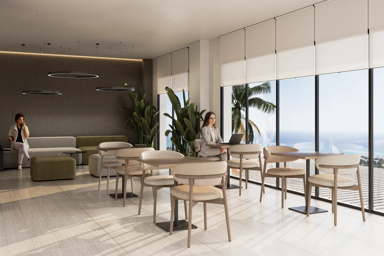 Een moderne co-workingruimte voor bewoners om te werken of vergaderingen te houden in een professionele omgeving.