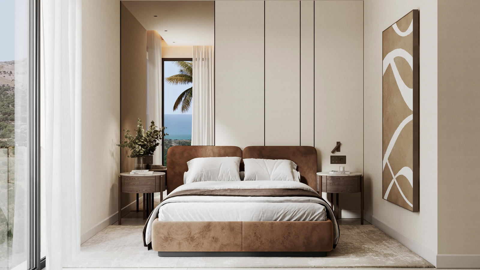 Word wakker met serene vergezichten vanuit de elegant ontworpen hoofdslaapkamer.
