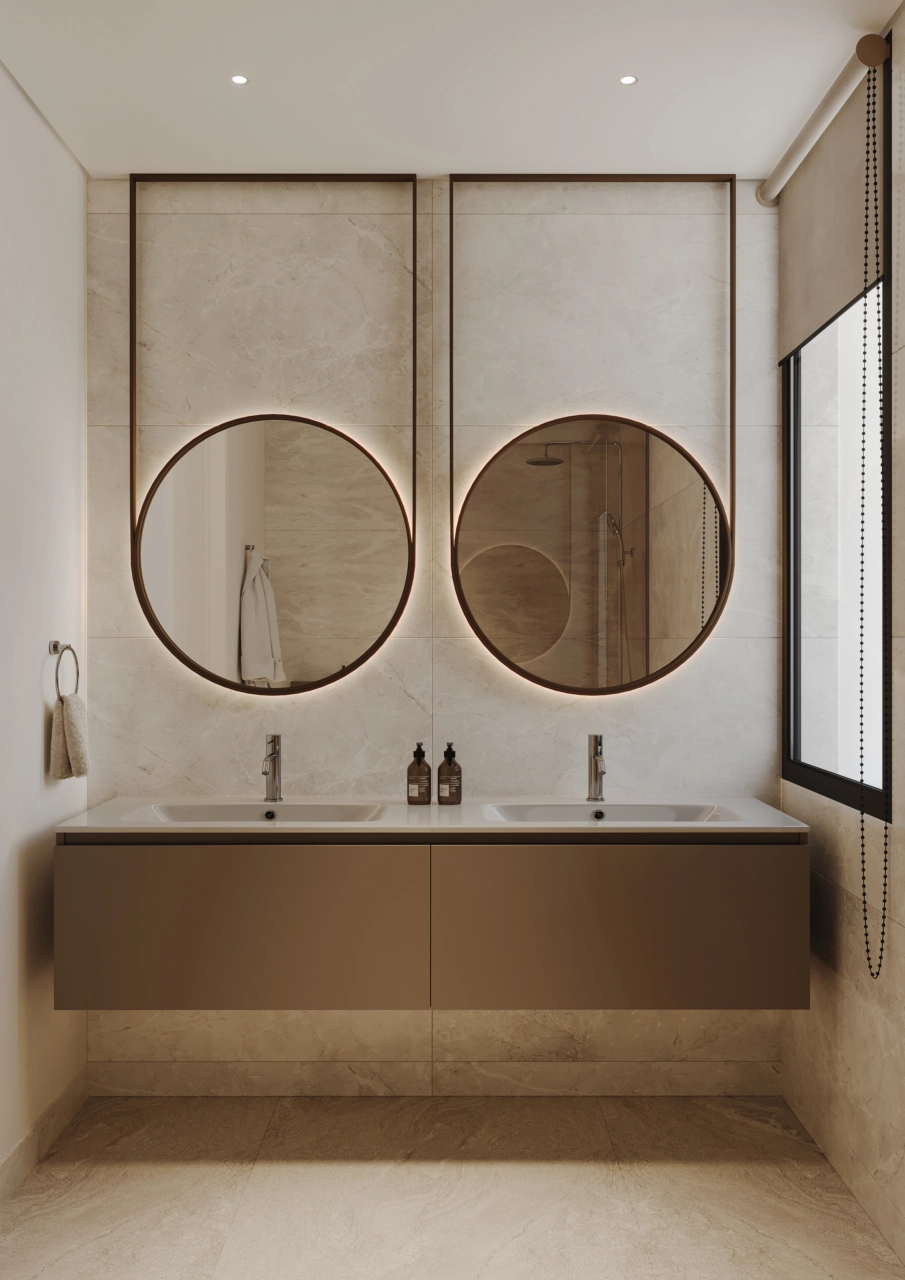 Een stijlvolle badkamer, voorzien van hoogwaardige materialen en afwerkingen.
