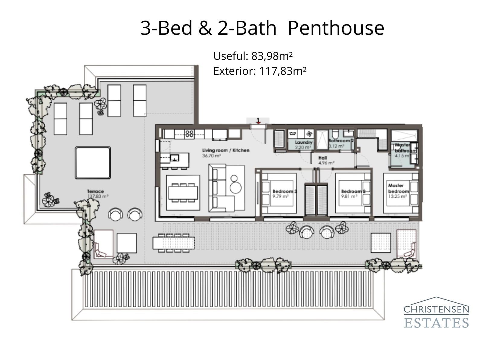 Deze penthouse-indeling met drie slaapkamers toont een ruim terras, perfect voor buitenleven, naadloos verbonden met de lichte woonkamer.