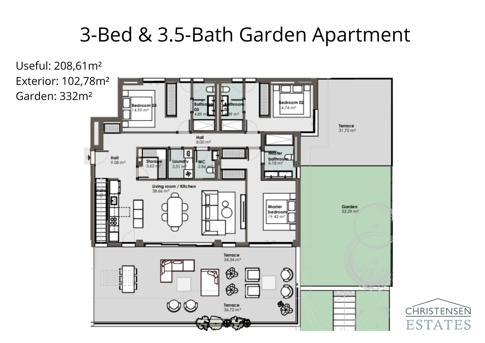 Een ruime gelijkvloerse indeling met drie slaapkamers, royale terrassen en een grote privétuin, wat een echt villagevoel creëert.