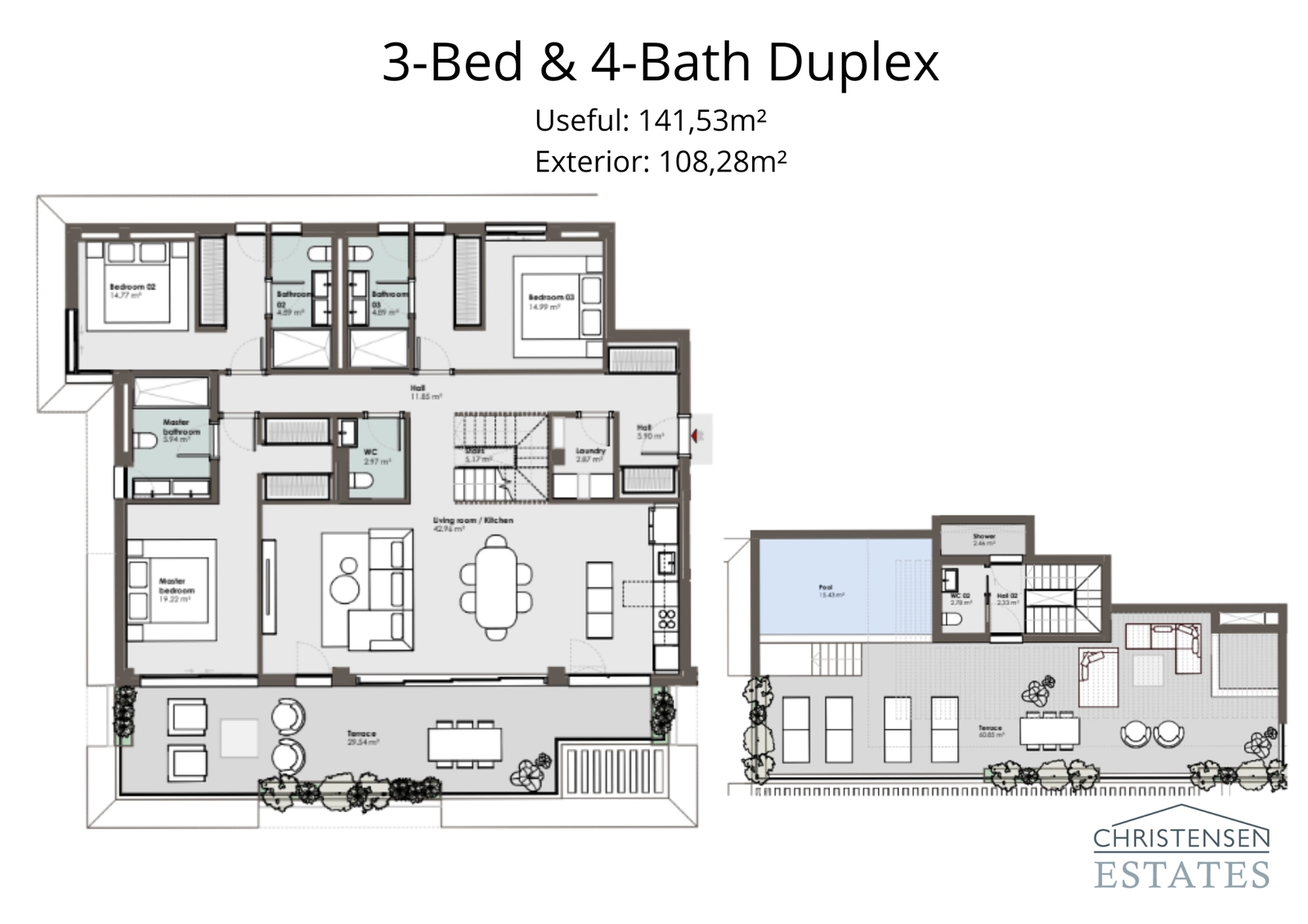 Deze duplex plattegrond benadrukt een ontwerp met meerdere verdiepingen, privékamers en een prachtig dakterras met zwembad.