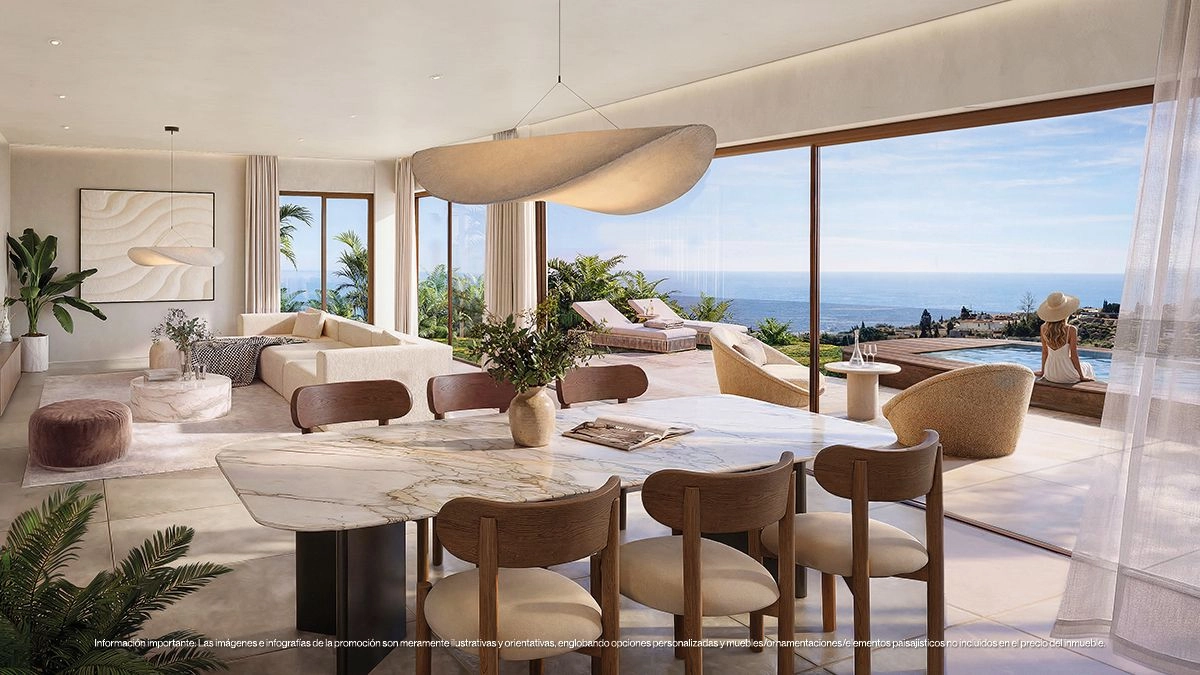 De open eetruimte is ontworpen voor gezelligheid en combineert een elegant ontwerp met een adembenemend uitzicht op zee.