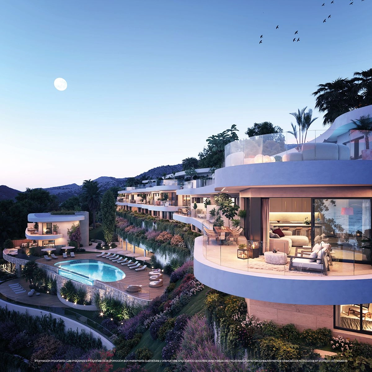 Als de avond valt, wordt de architectuur van het project prachtig verlicht, wat een exclusieve en rustige ambiance creëert.