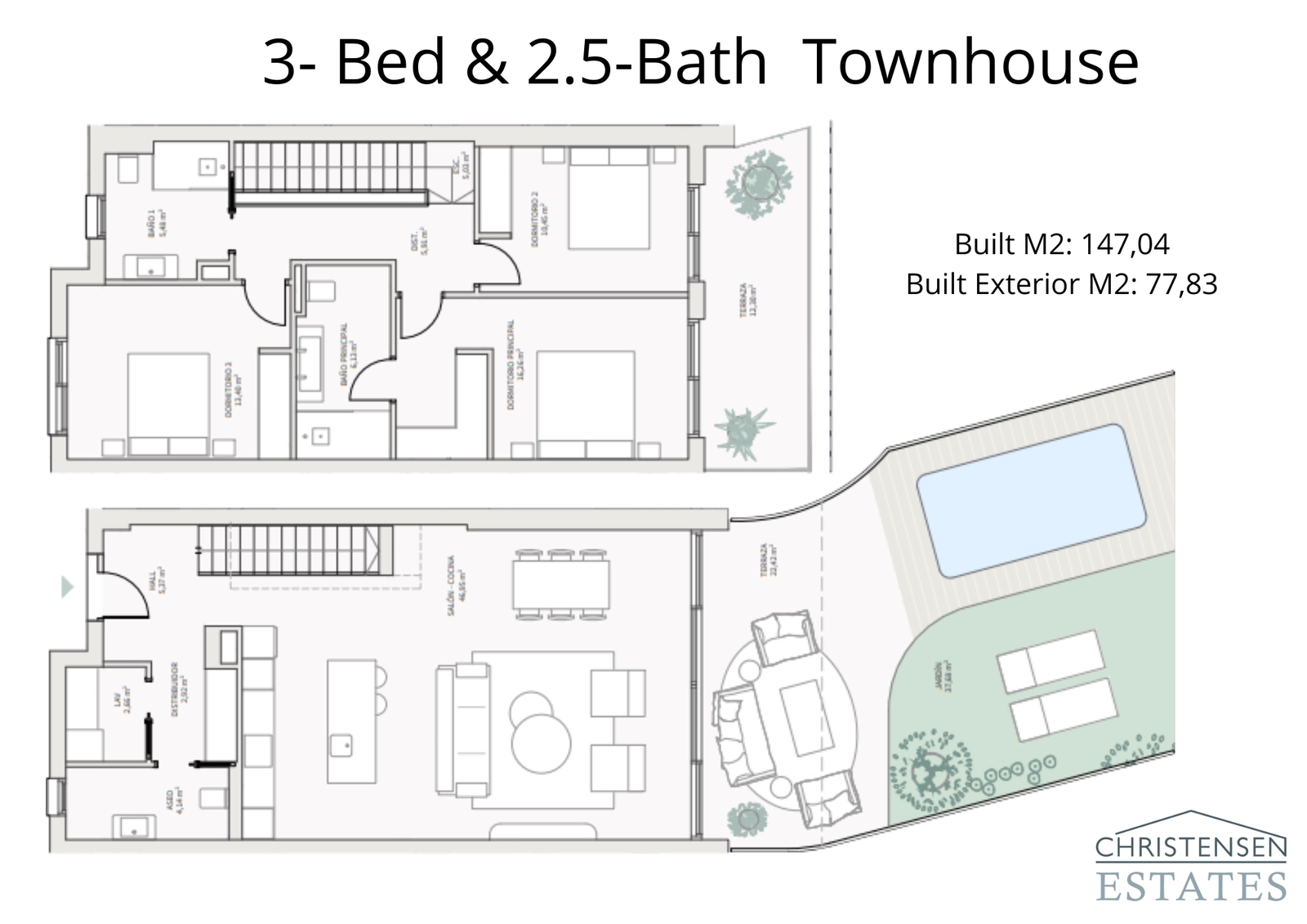 Deze ruime rijtjeswoning met drie slaapkamers verdeelt woon- en slaapruimtes over twee verdiepingen, met een royaal terras en privézwembad.
