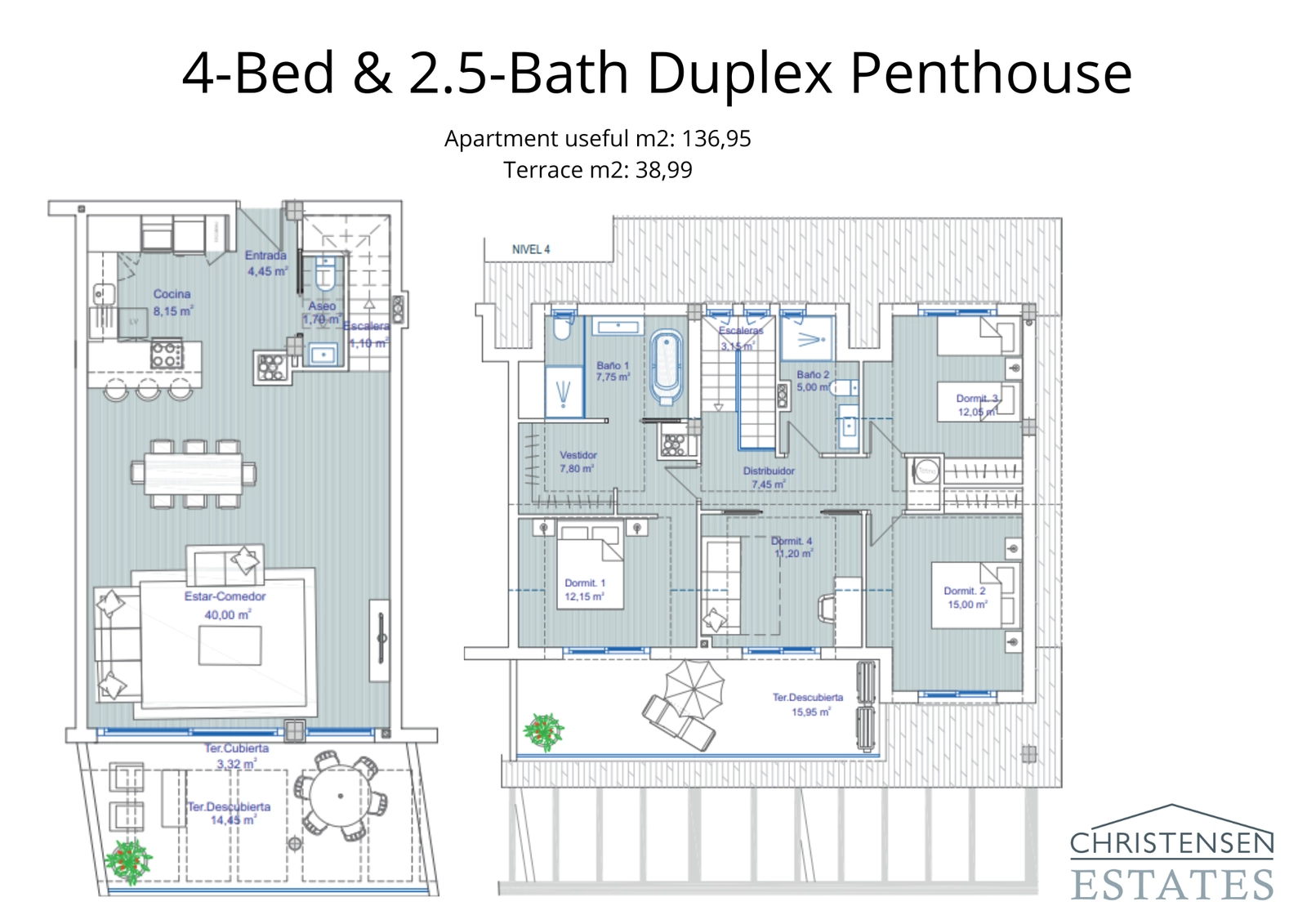 Plattegrond van het duplex penthouse met 4 slaapkamers, met een ruime indeling over meerdere verdiepingen en aparte woon- en slaapgedeelten voor ultiem comfort en privacy.