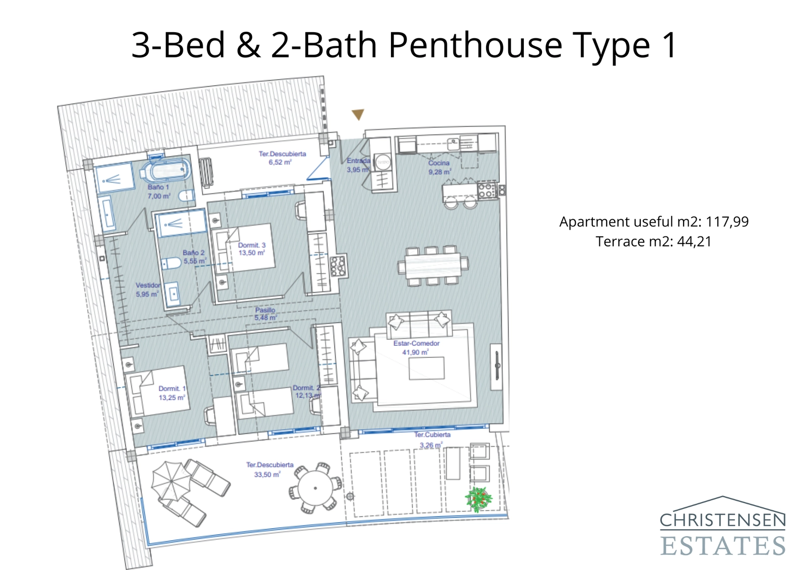 Deze penthouse-indeling met 3 slaapkamers biedt een intelligent ontwerp op één niveau, met royale woonruimtes en grote terrassen om optimaal te genieten van het uitzicht.