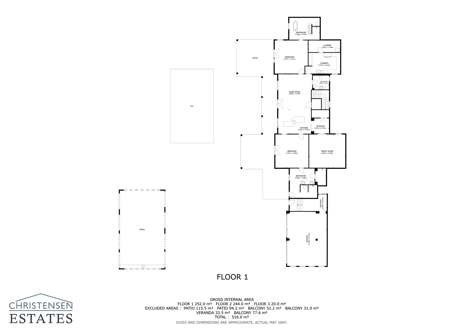 Deze plattegrond van de benedenverdieping toont royale slaapkamers met eigen badkamer en entertainmentruimtes, allemaal met directe toegang tot het zwembad en de tuin.
