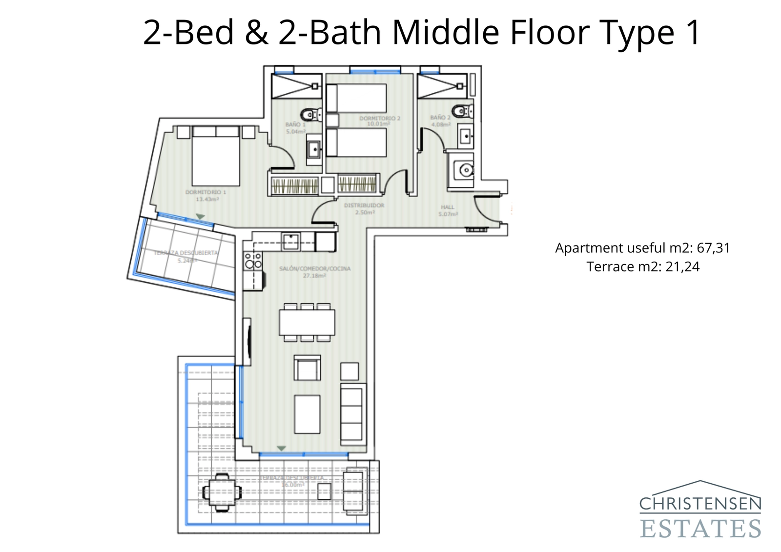 Deze plattegrond voor een woning op een tussenverdieping met twee slaapkamers toont een efficiënt ruimtegebruik met een royaal terras om van het aangename klimaat te genieten.