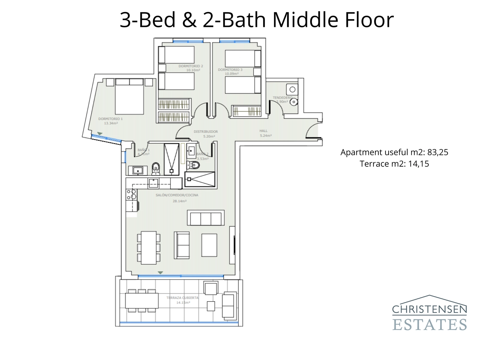 Een goed ontworpen woning met drie slaapkamers op een tussenverdieping met een comfortabele indeling en een privéterras om van het uitzicht te genieten.