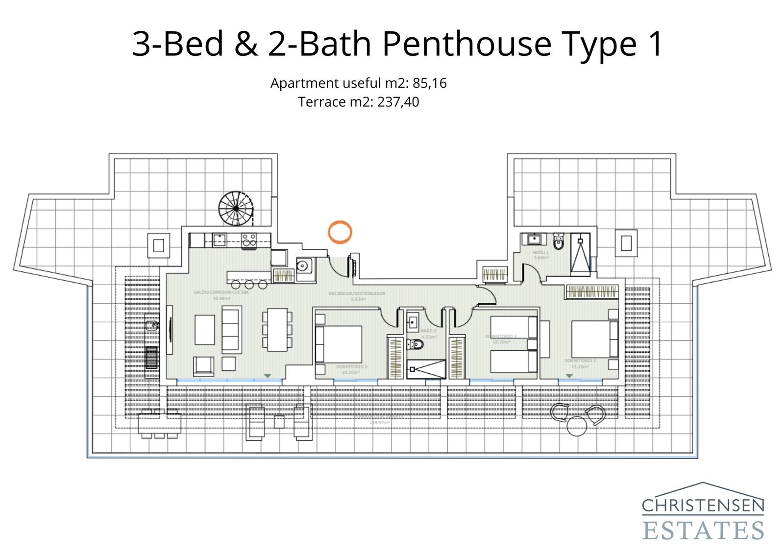 De plattegrond voor een exclusief penthouse met drie slaapkamers, met een uitzonderlijk groot rondlopend terras voor een premium levensstijl.