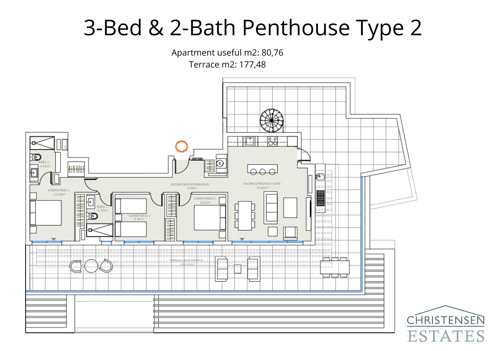 Een indrukwekkende penthouse-indeling met drie slaapkamers en een uitgestrekt terras, perfect voor entertainment en om te genieten van een panoramisch uitzicht op de Costa del Sol.
