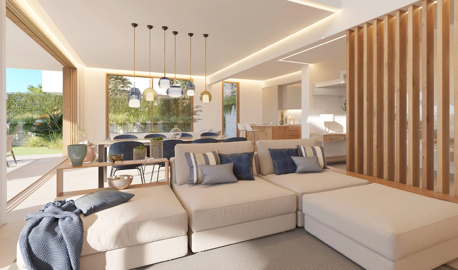 Open-plan interieurs sluiten naadloos aan op het buitenterras, waardoor een perfecte ruimte voor entertainment ontstaat.