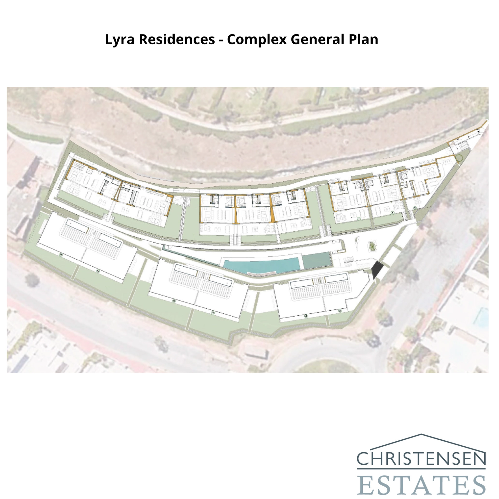 Het algemene terreinplan illustreert de doordachte indeling van de 15 woningen, het gemeenschappelijke zwembad en de groene zones binnen het exclusieve Lyra Residences complex.