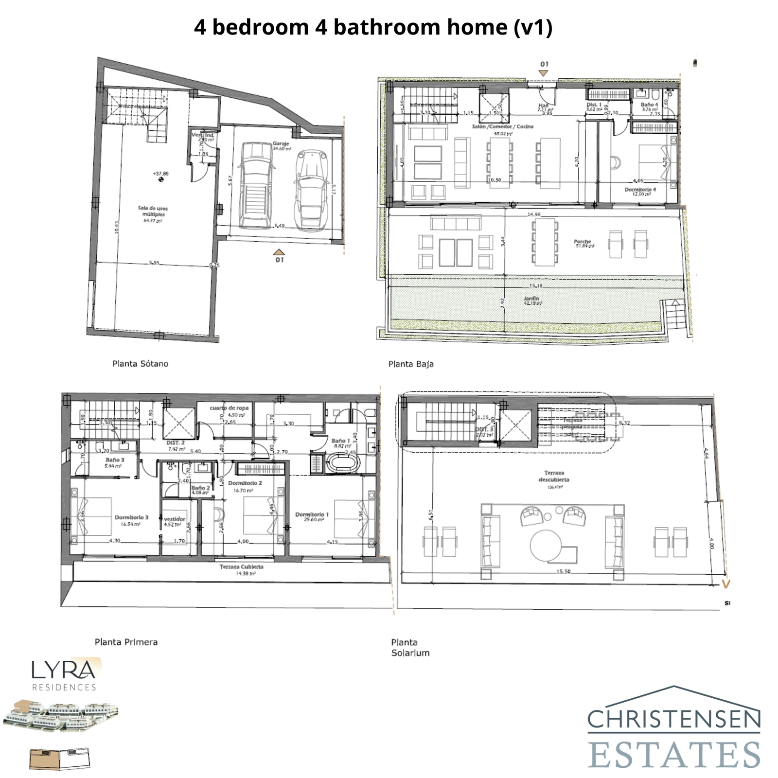 Deze plattegrond met vier verdiepingen toont een ruime woning met 4 slaapkamers, met details van de privégarage, open woonruimte, slaapkamers en het uitgestrekte dakterras met solarium.