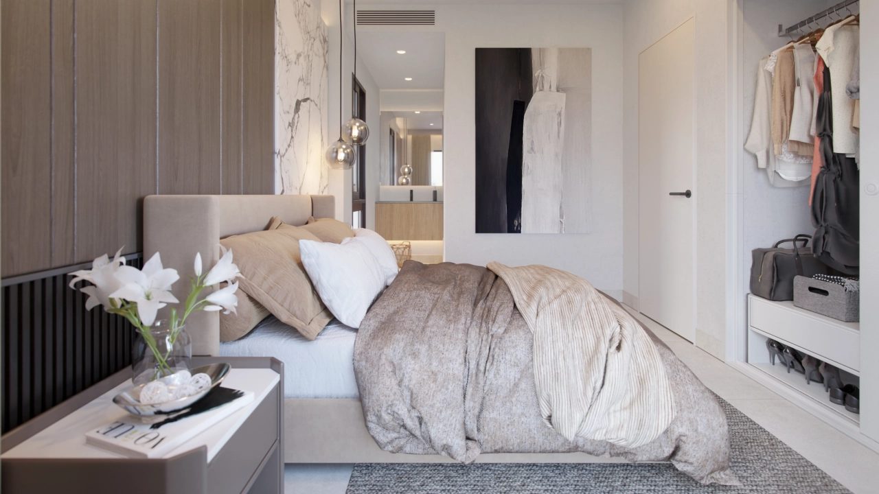 Elegante designaccenten in de slaapkamers creëren een rustige en verfijnde sfeer.