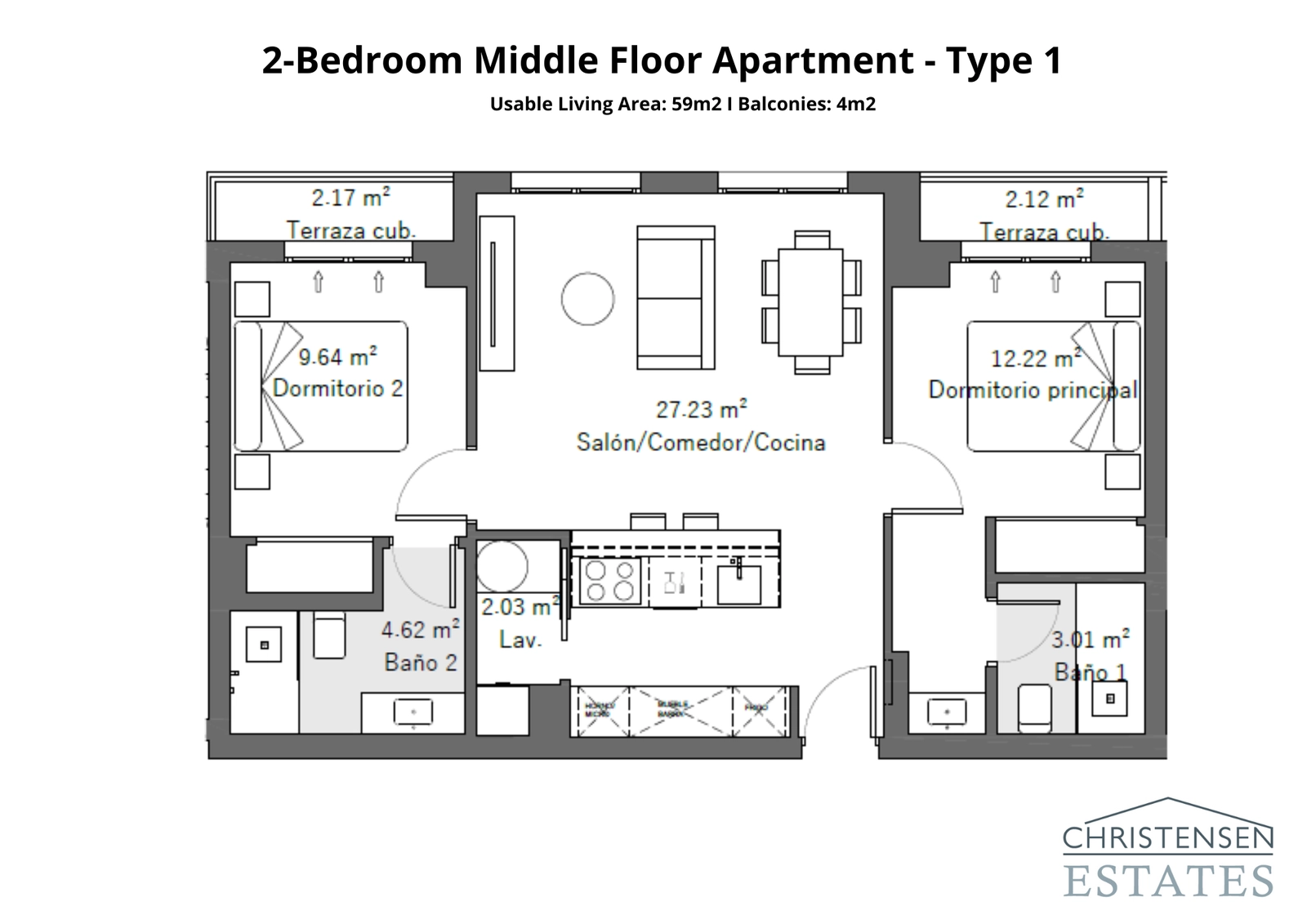 Deze indeling met twee slaapkamers is voorzien van balkons aan elke slaapkamer, waardoor privé buitenruimtes voor ontspanning ontstaan.
