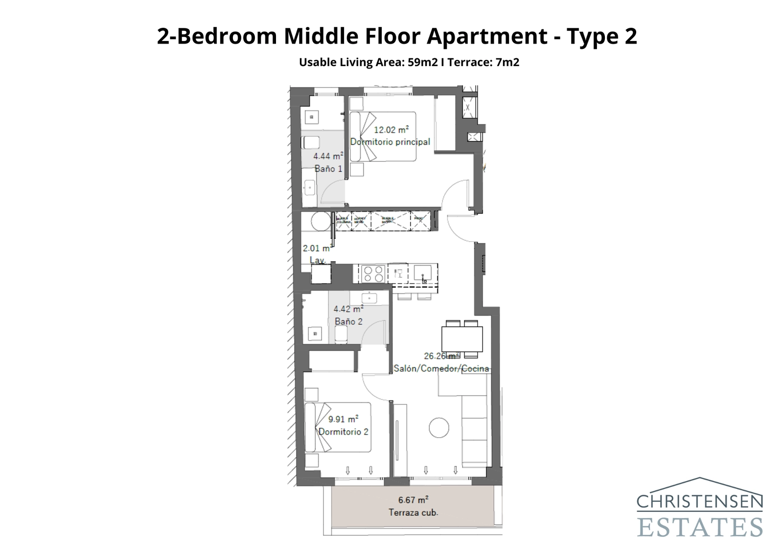 Een goed ontworpen appartement met twee slaapkamers en een ruime woonkamer die uitkomt op een royaal overdekt terras.