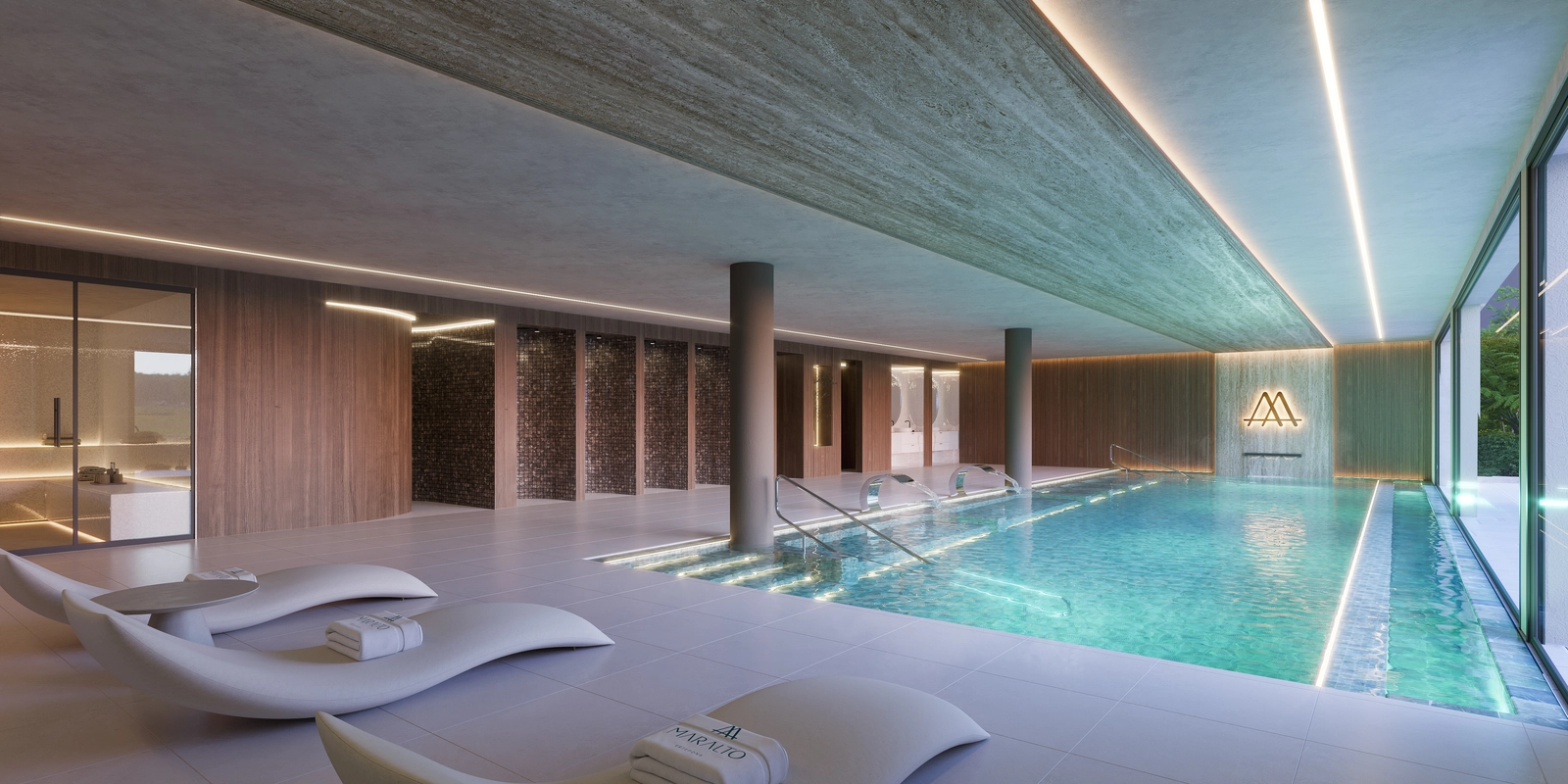 Het luxueuze binnenzwembad met spa, biedt bewoners het hele jaar door een perfecte wellness-ontsnapping.