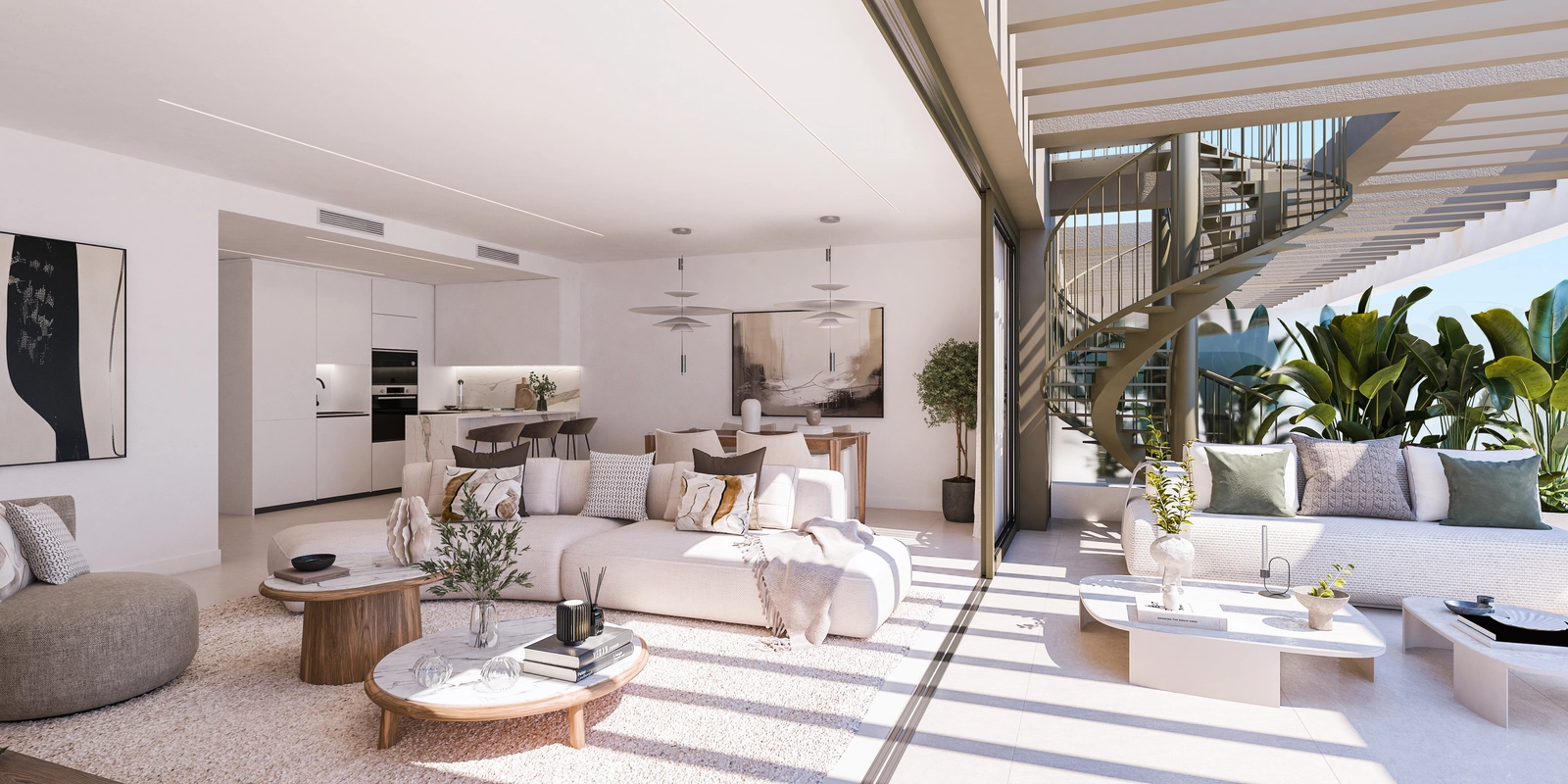 Zonlicht stroomt de elegante woonruimte binnen, die naadloos aansluit op het buitenterras, waardoor een perfecte binnen-buiten levensstijl ontstaat.