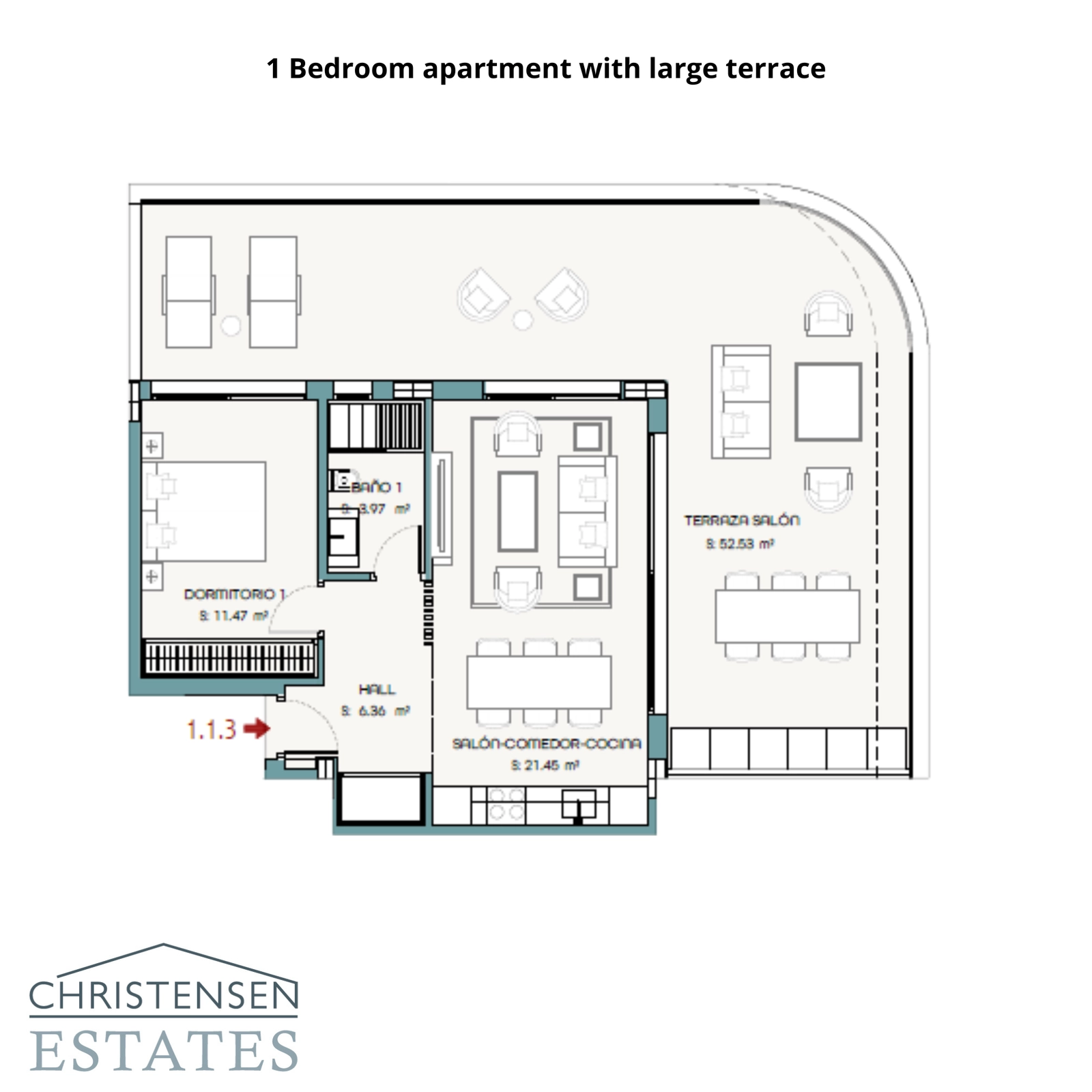 Indeling van een één-slaapkamer appartement, met een royale open woonruimte die doorloopt naar een zeer groot terras, perfect om van het uitzicht te genieten.