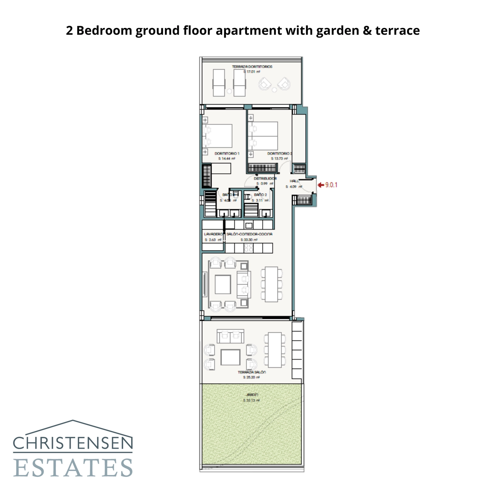 Deze plattegrond van een twee-slaapkamer begane grond appartement toont een ruime indeling met directe toegang tot een privétuin en terras, voor een naadloze binnen-buiten woonervaring.