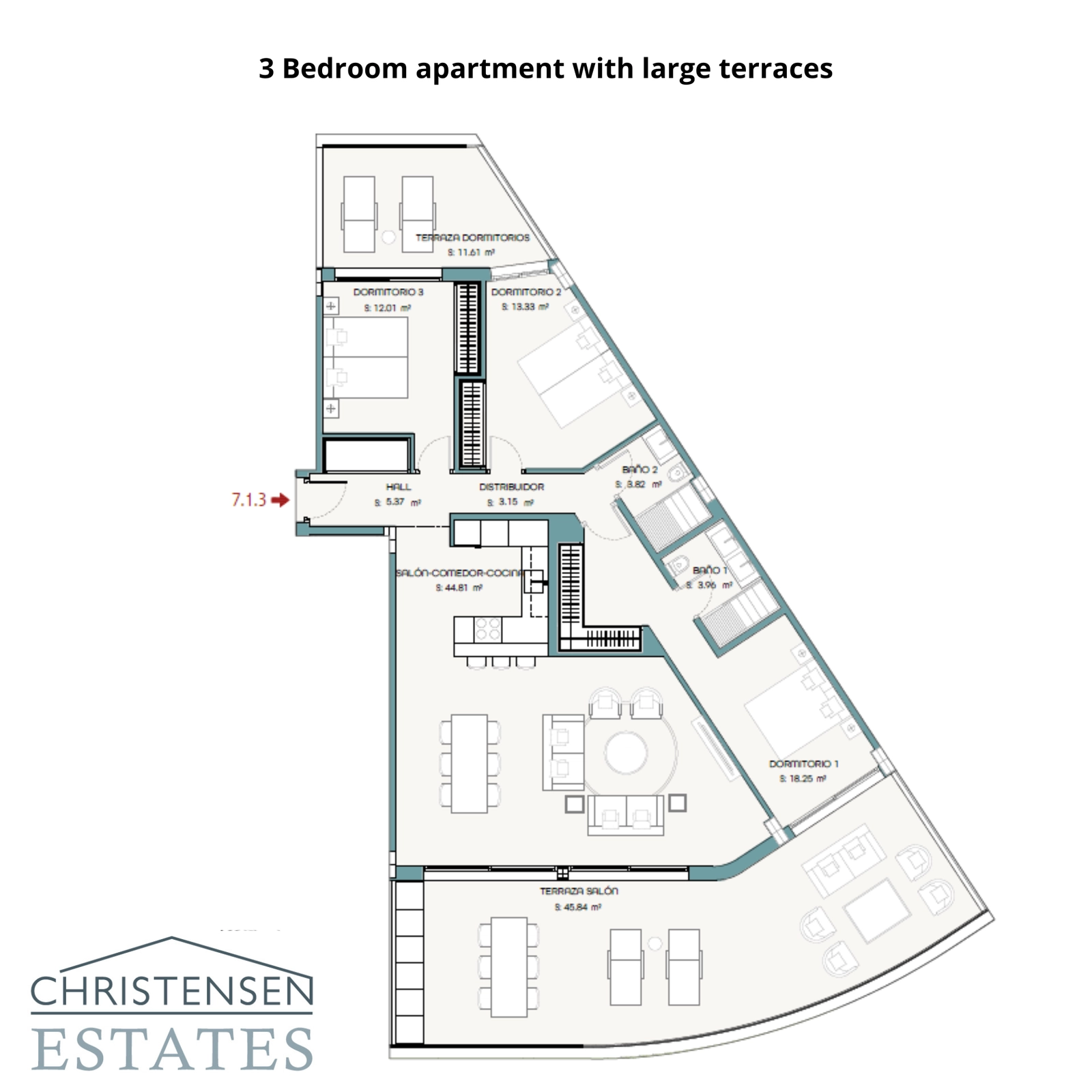 Een goed ontworpen indeling van een drie-slaapkamer appartement, met twee grote terrassen om licht, ruimte en toegang tot het prachtige uitzicht op zee en de bergen te maximaliseren.