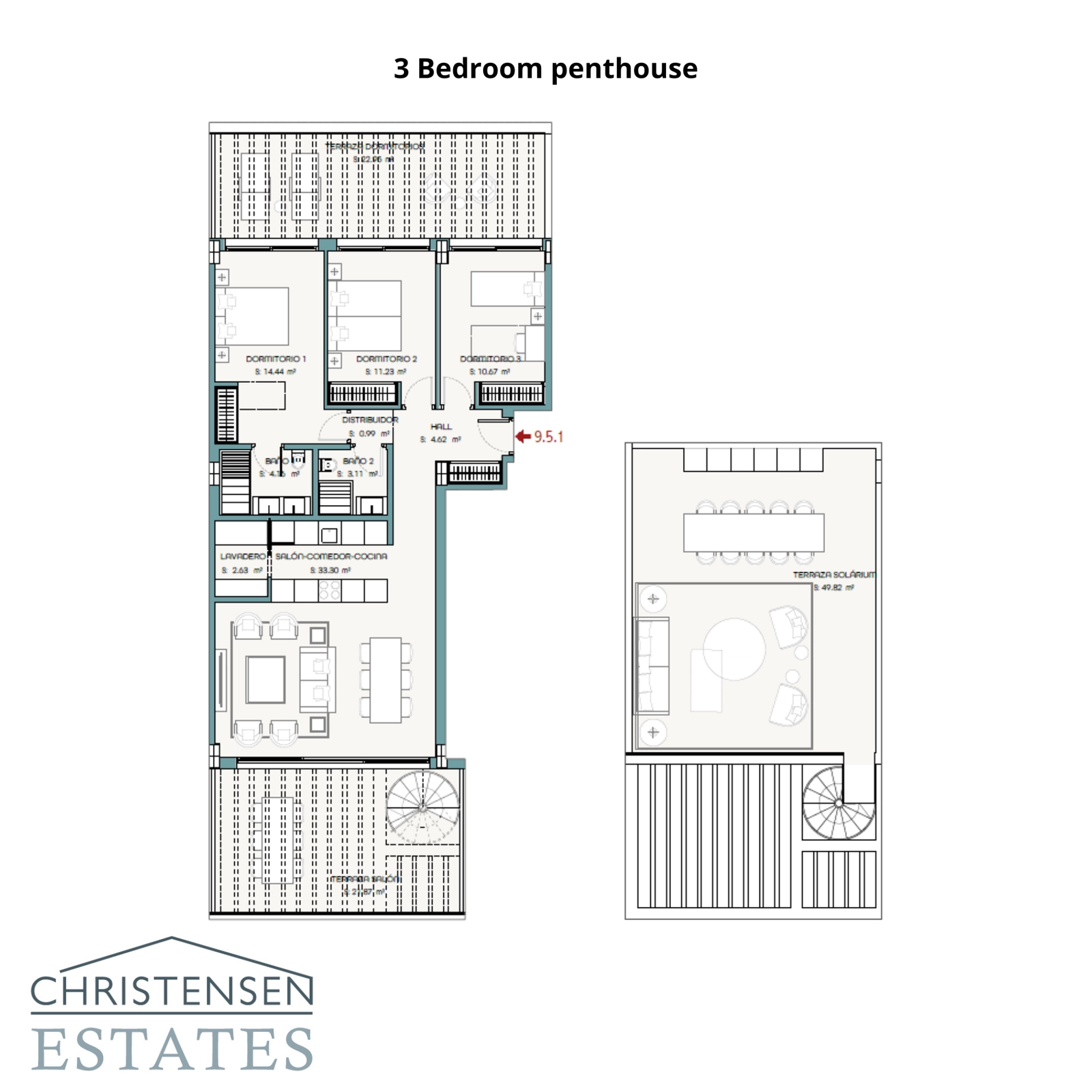 De exclusieve indeling van het drie-slaapkamer penthouse, compleet met een royaal dakterras/solarium voor privé zonnebaden, dineren en entertainment.
