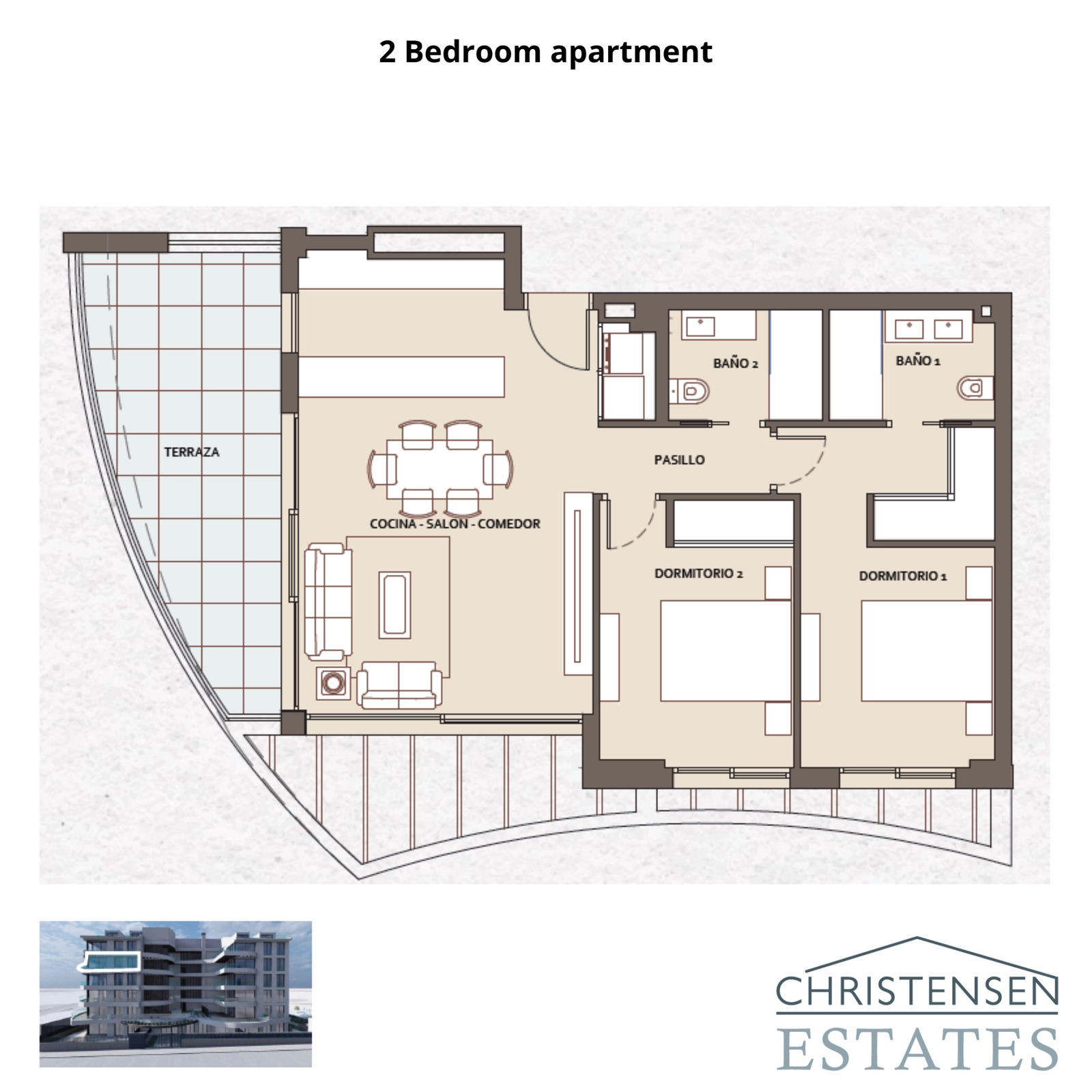 Indeling voor een ruim appartement met twee slaapkamers, voorzien van een open woonruimte en een groot terras om het uitzicht en licht te maximaliseren.