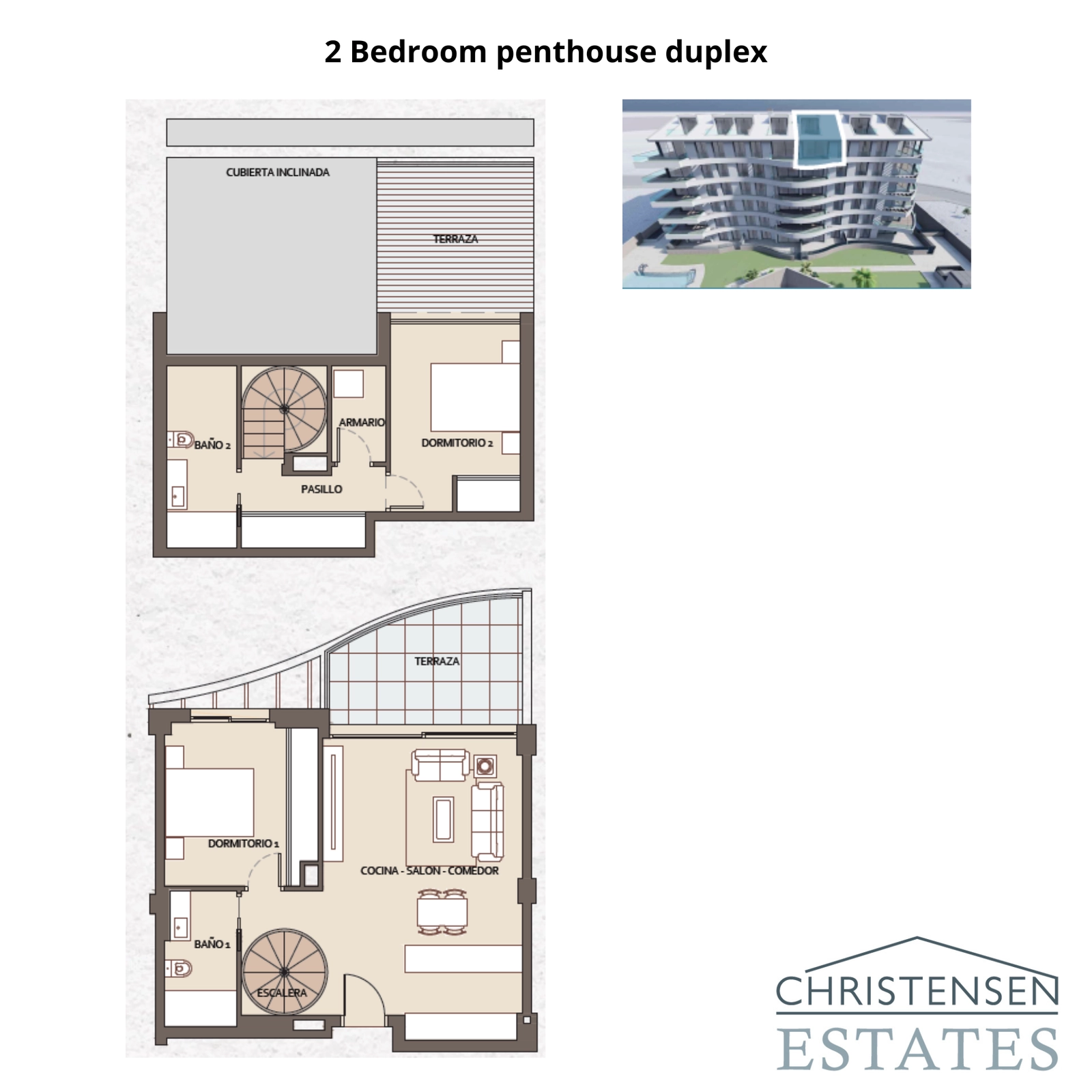 Dit duplex penthouse met twee slaapkamers biedt een uniek ontwerp met twee verdiepingen, met aparte woon- en privéruimtes voor een verbeterde levensstijl.