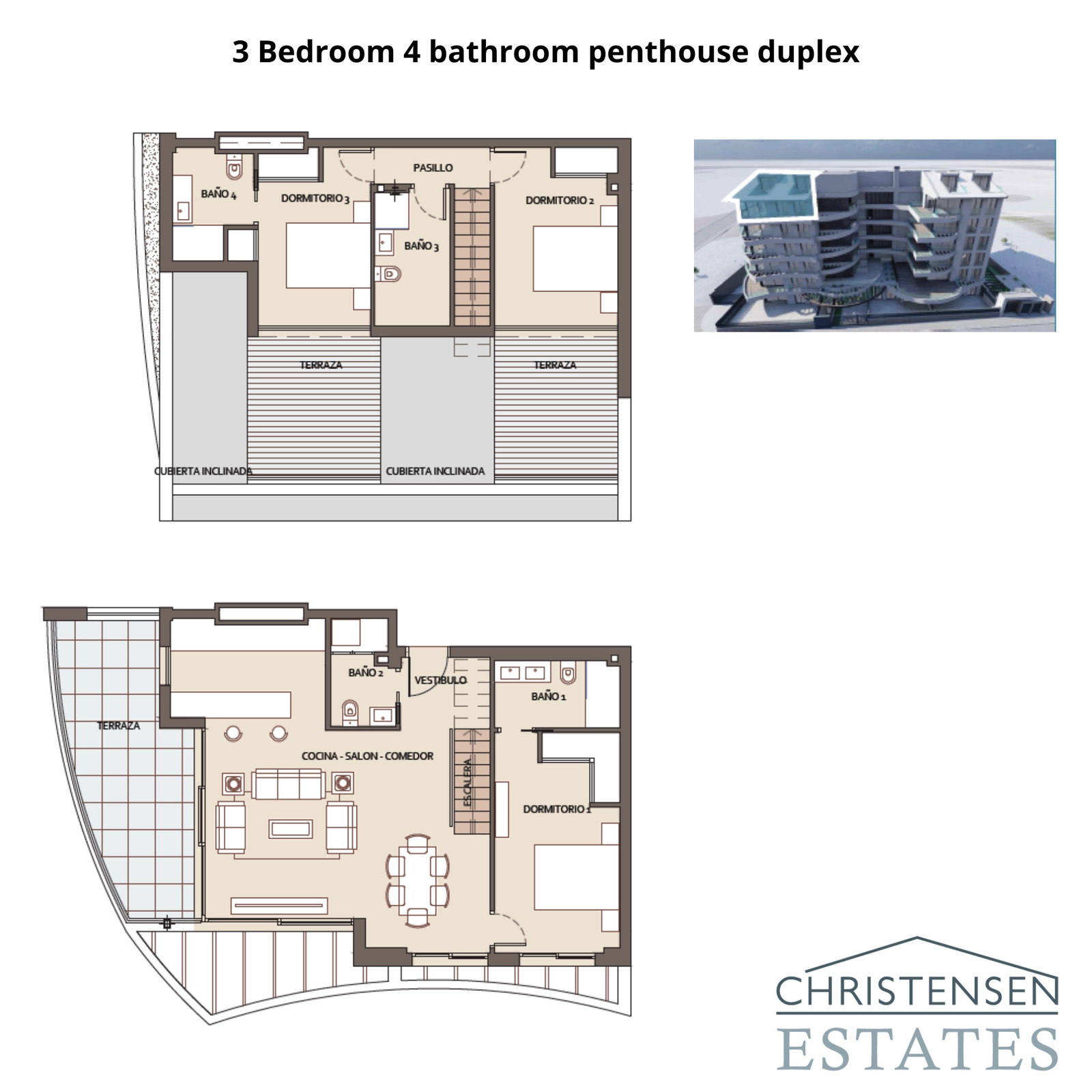 De ruime plattegrond van het duplex penthouse met drie slaapkamers en vier badkamers, met meerdere terrassen en uitzonderlijke ruimte voor luxe wonen.
