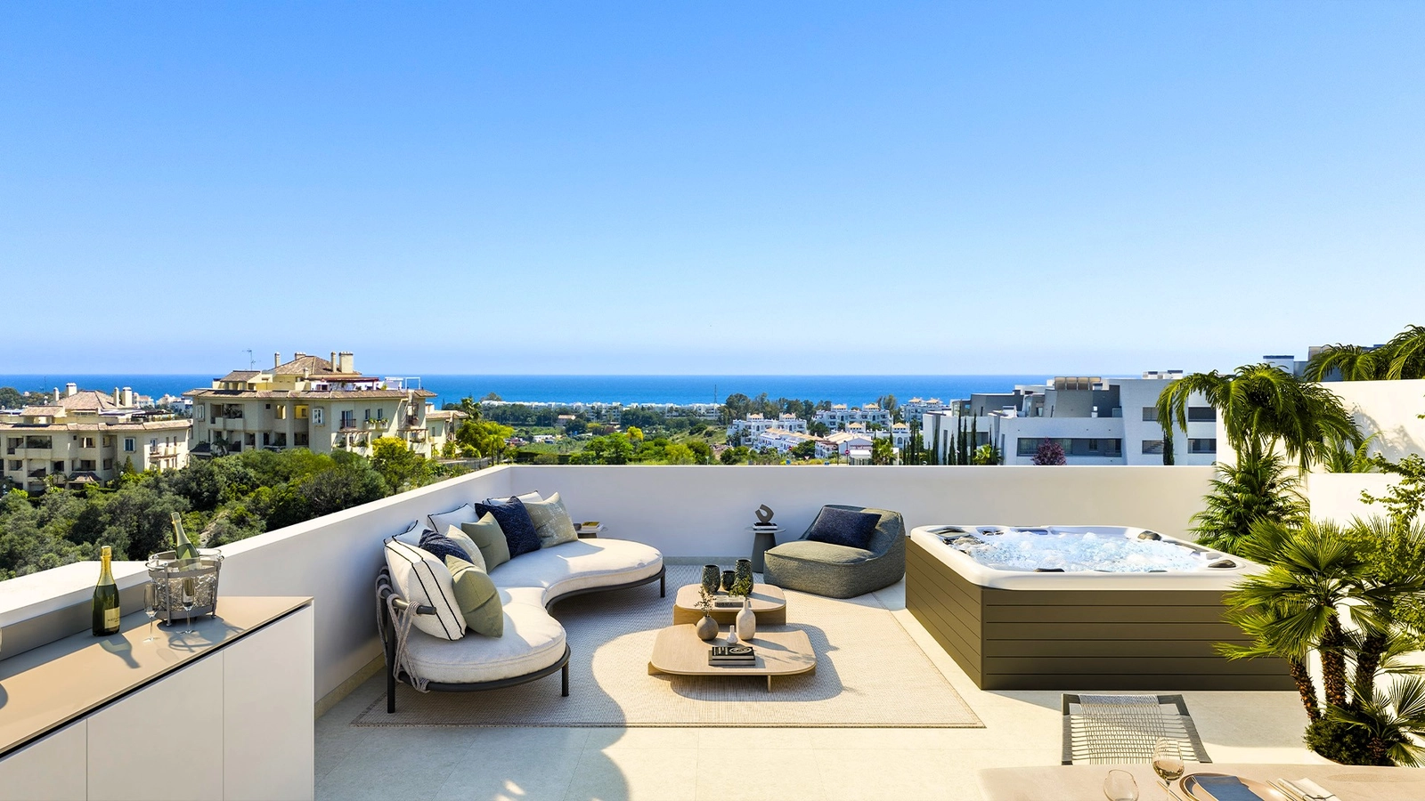 Het daksolarium van een villa, compleet met bubbelbad, is de ultieme plek om van het Spaanse klimaat te genieten.