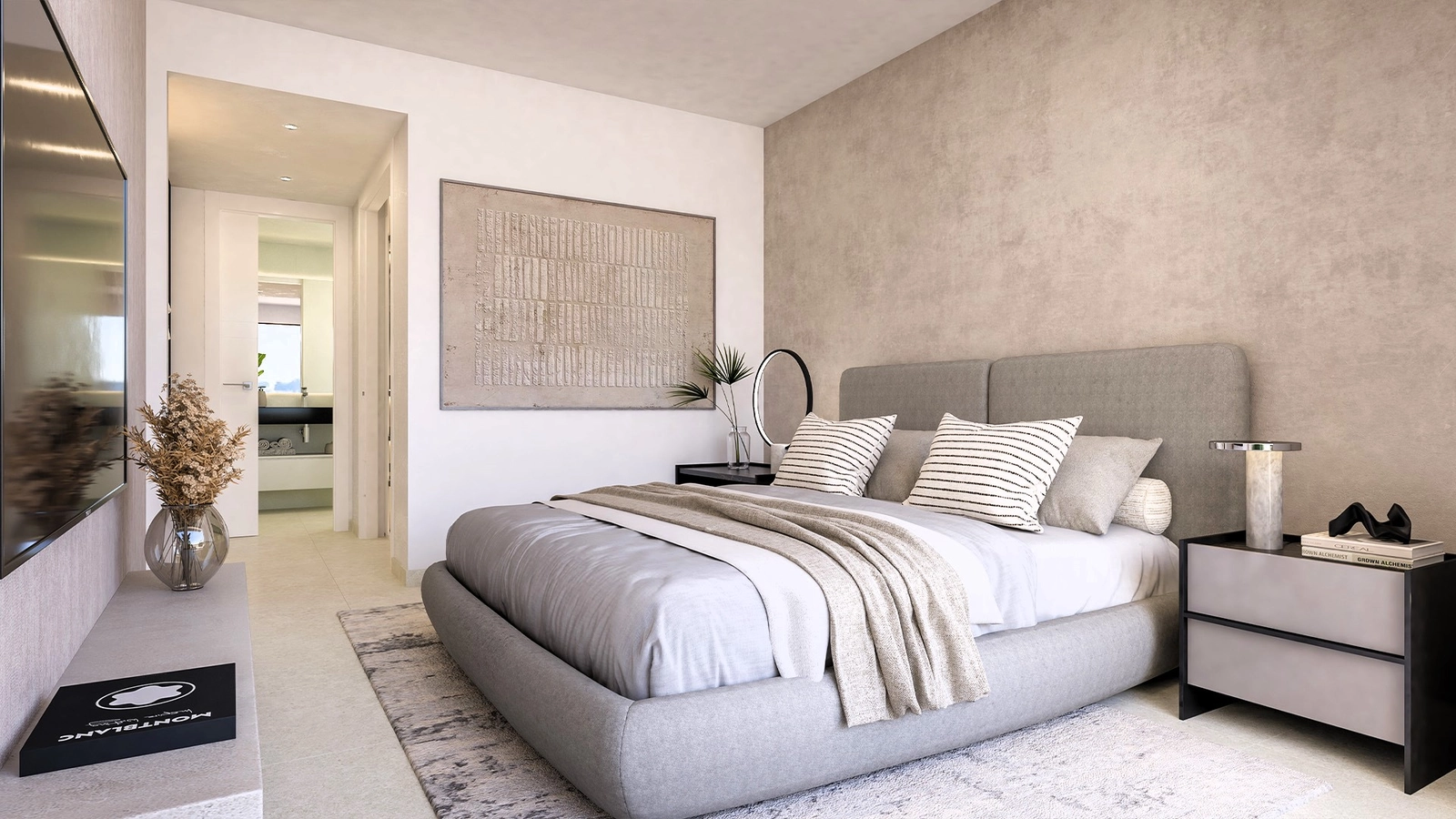 Een stijlvolle en rustige slaapkamer in een van de villa's, die een vredig toevluchtsoord biedt na een dag in de zon.