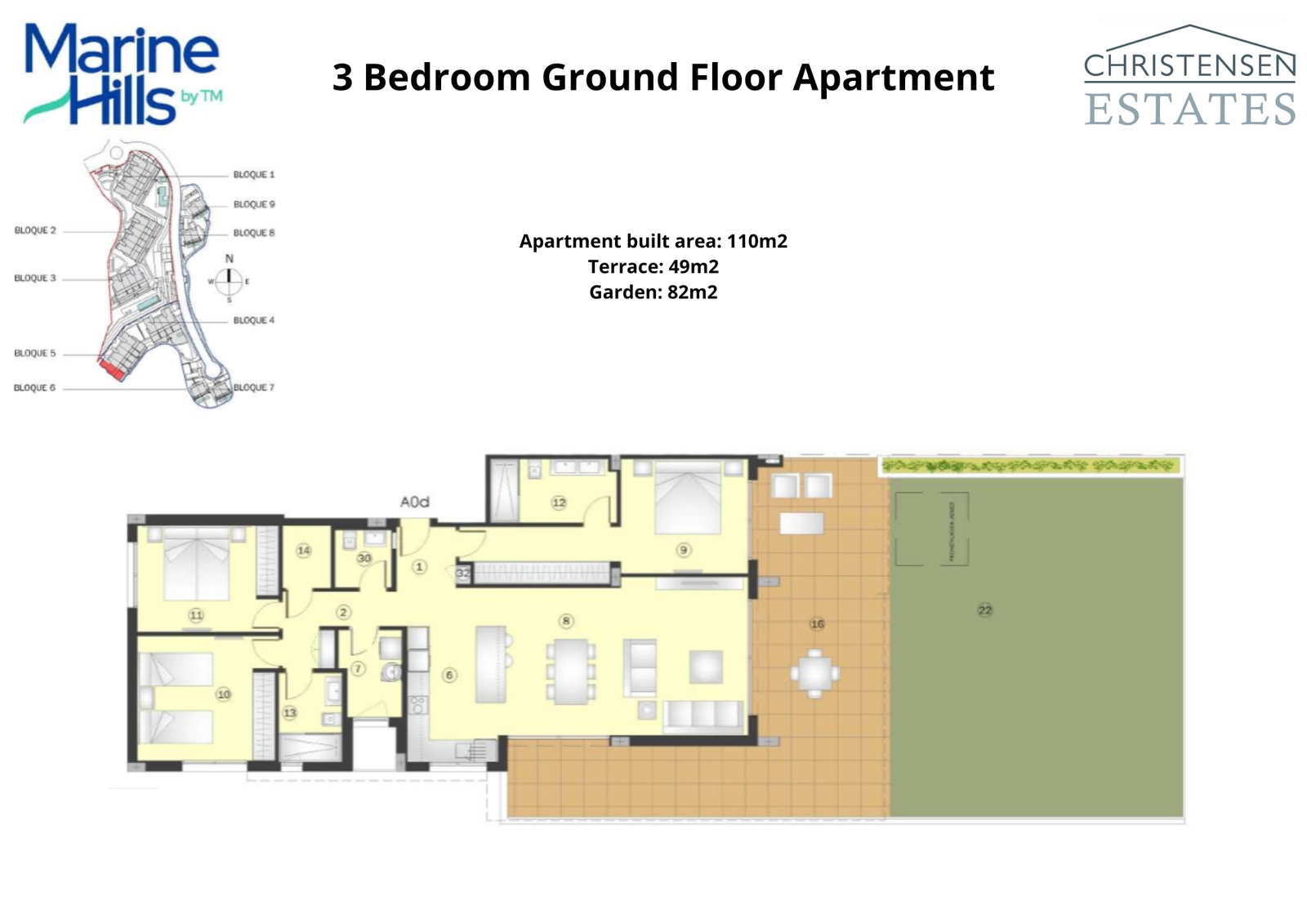 Deze plattegrond van een driekamer appartement op de begane grond benadrukt het ruime terras en de privétuin, waardoor de woonruimte naar buiten wordt uitgebreid.