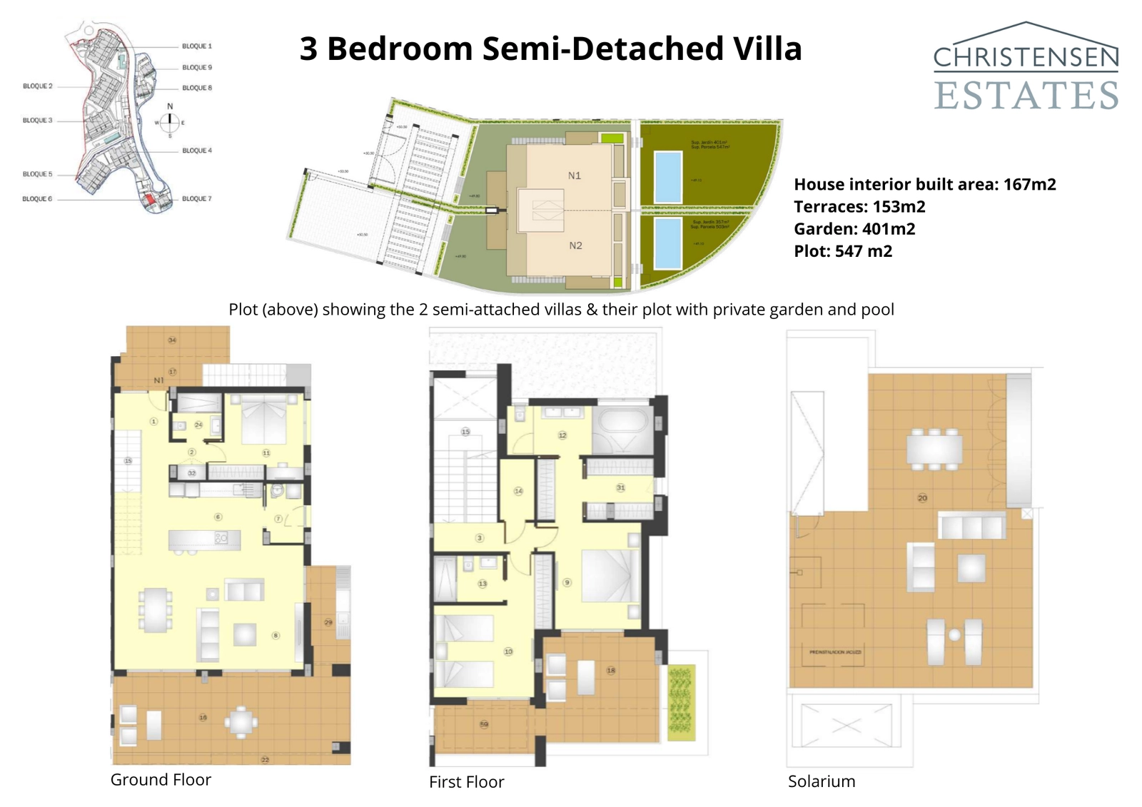 Dit plan beschrijft de twee verdiepingen en het solarium van een driekamer twee-onder-een-kapwoning, en toont de royale kavel met een eigen tuin en zwembad.