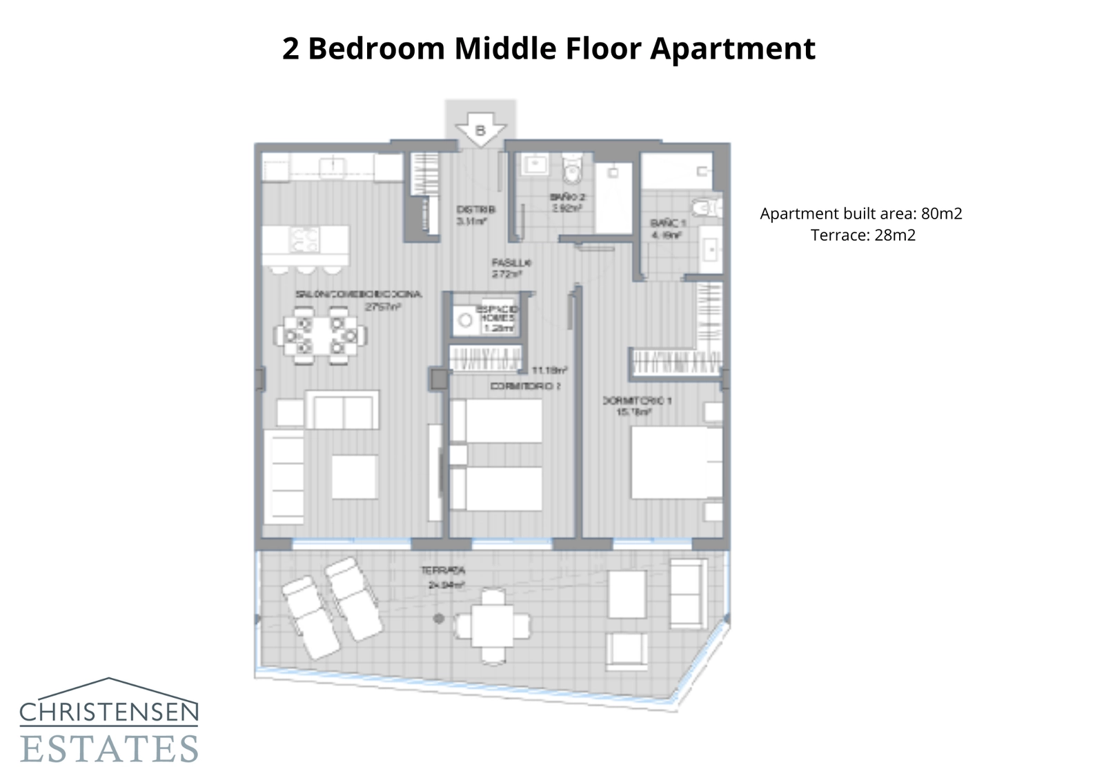 Een goed ontworpen appartement met twee slaapkamers, met een comfortabele indeling, een open woonruimte en een ruim terras.