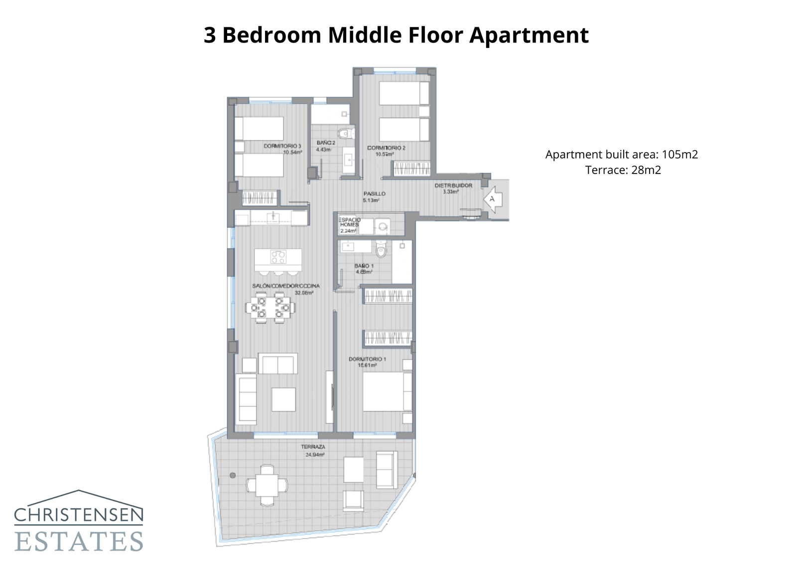 De plattegrond voor een woning met drie slaapkamers op een tussenverdieping, ontworpen voor modern wonen met veel ruimte en natuurlijk licht.