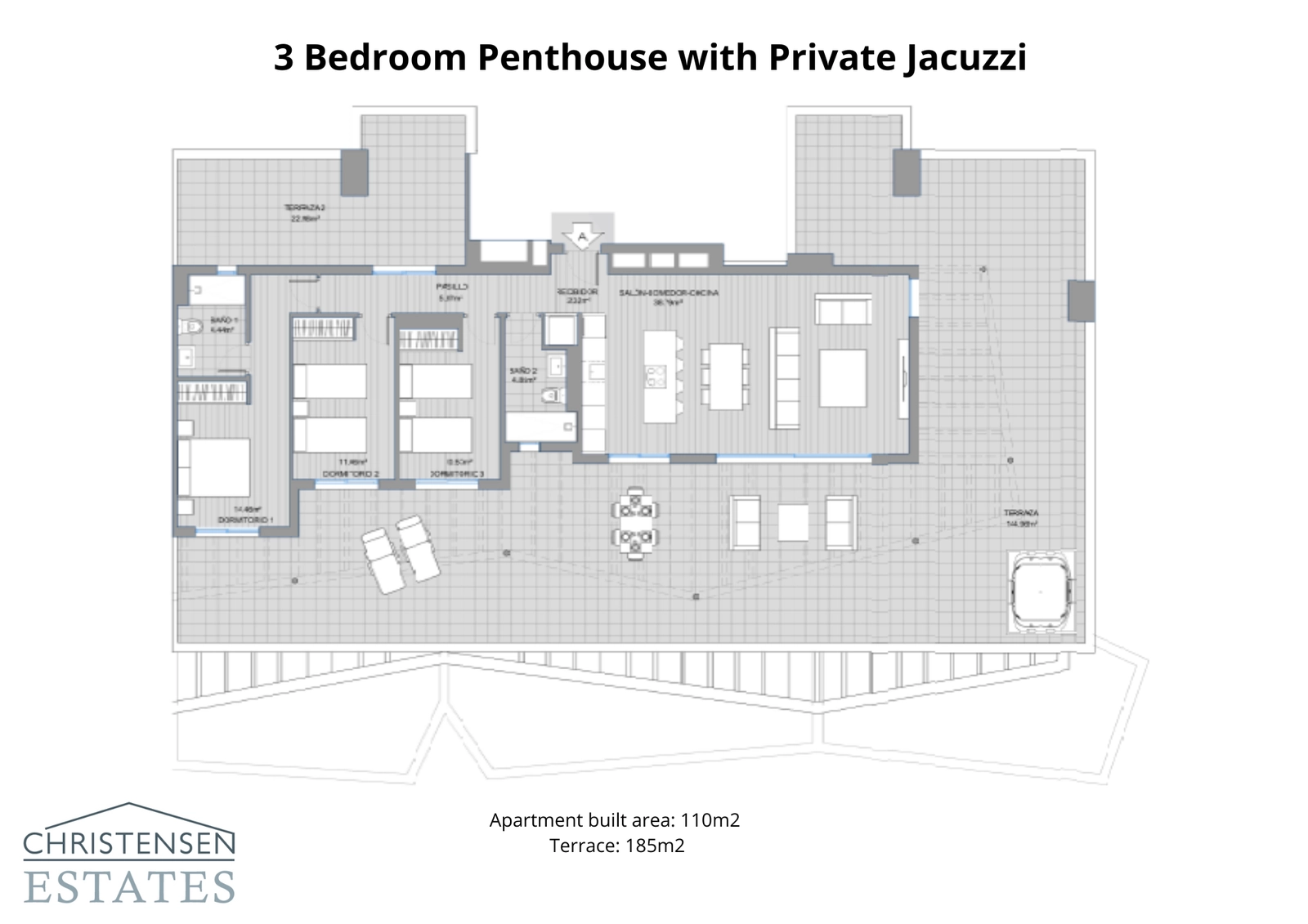 Een ruime penthouse-indeling met drie slaapkamers, met uitgestrekte terrassen en een privéjacuzzi voor de ultieme luxe levensstijl.