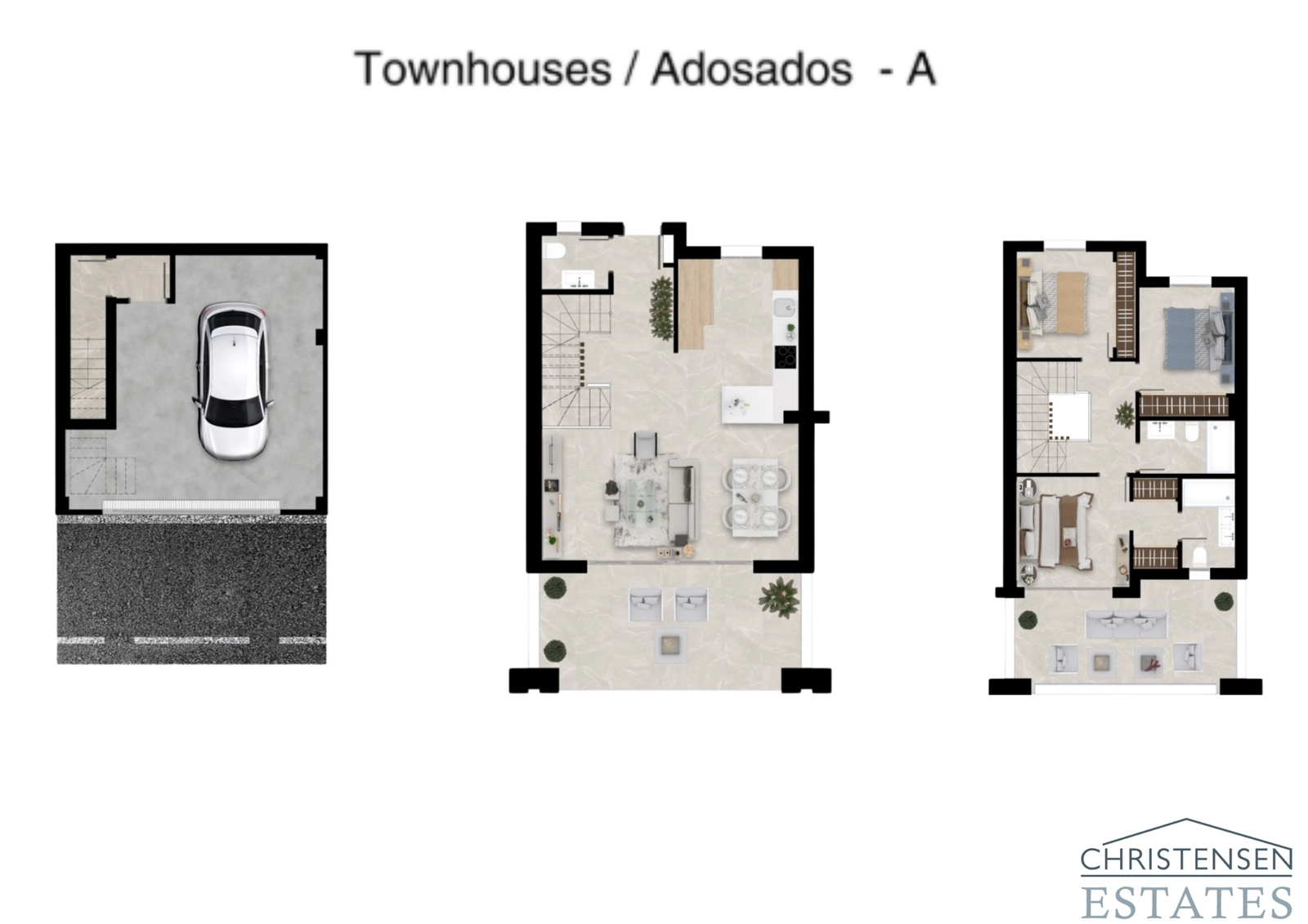 Plattegrond voor herenhuis type A, met drie verdiepingen inclusief de privégarage, open woonruimte en slaapkamers.