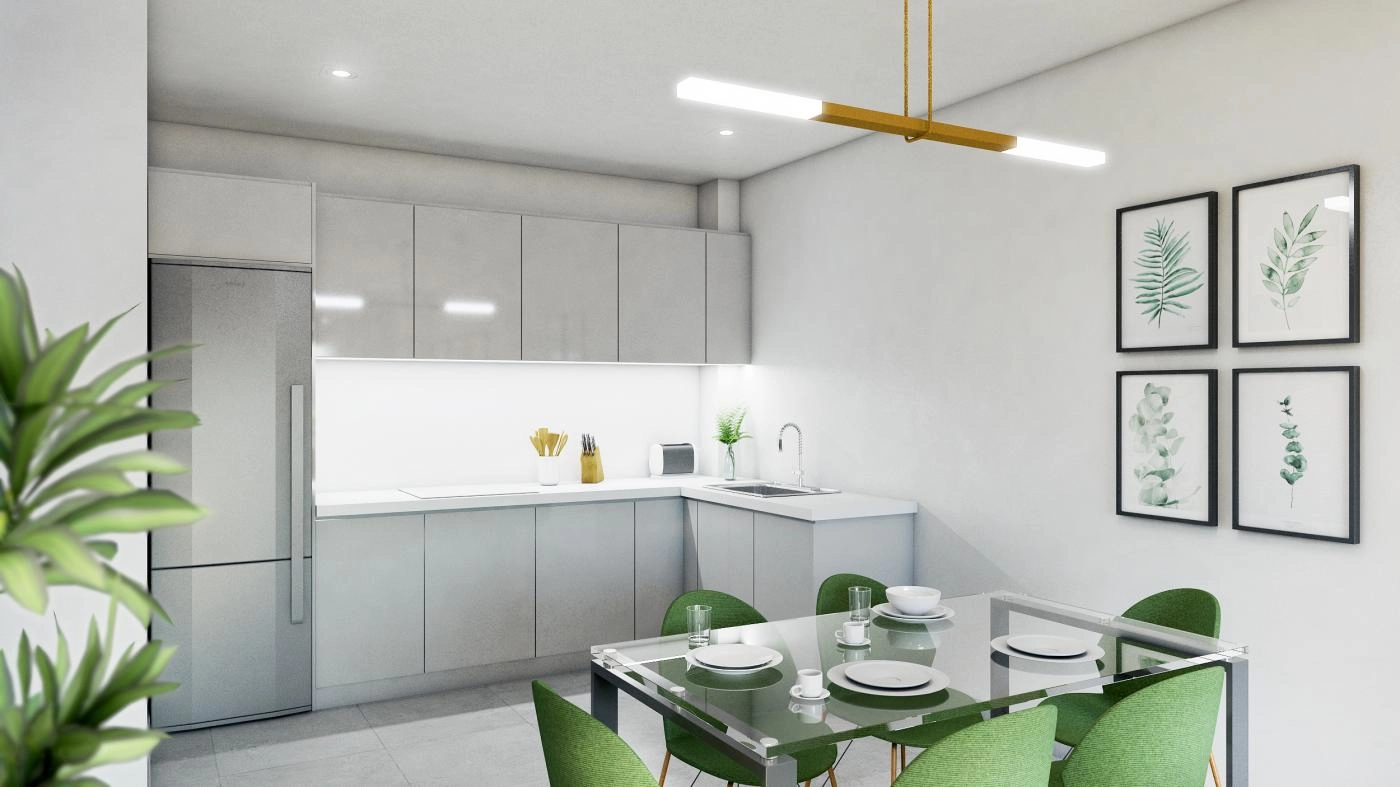 Strakke, moderne keukens, volledig uitgerust met hoogwaardige apparatuur en afwerkingen.