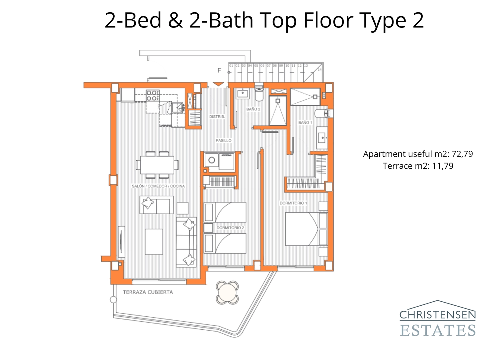 Dit efficiënte appartement op de bovenste verdieping biedt twee comfortabele slaapkamers en een naadloze overgang van de binnenwoonruimte naar het privéterras.