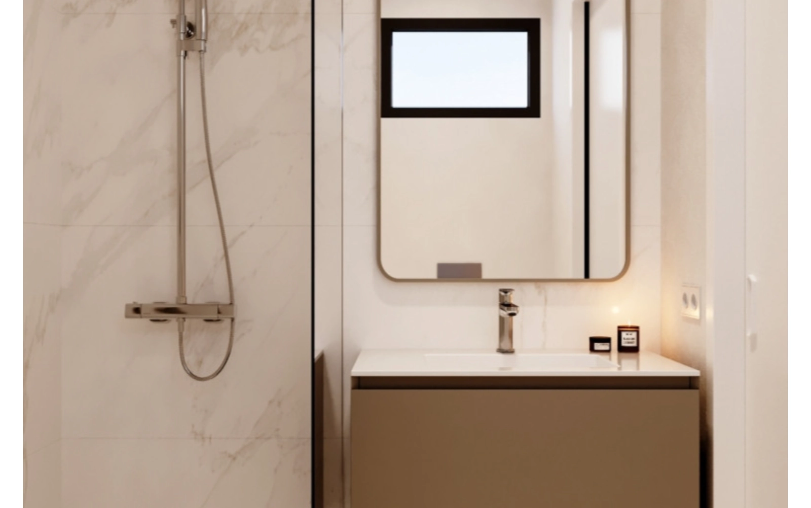 Elegante badkamers zijn afgewerkt met hoogwaardige porseleinen tegels en eigentijds sanitair.