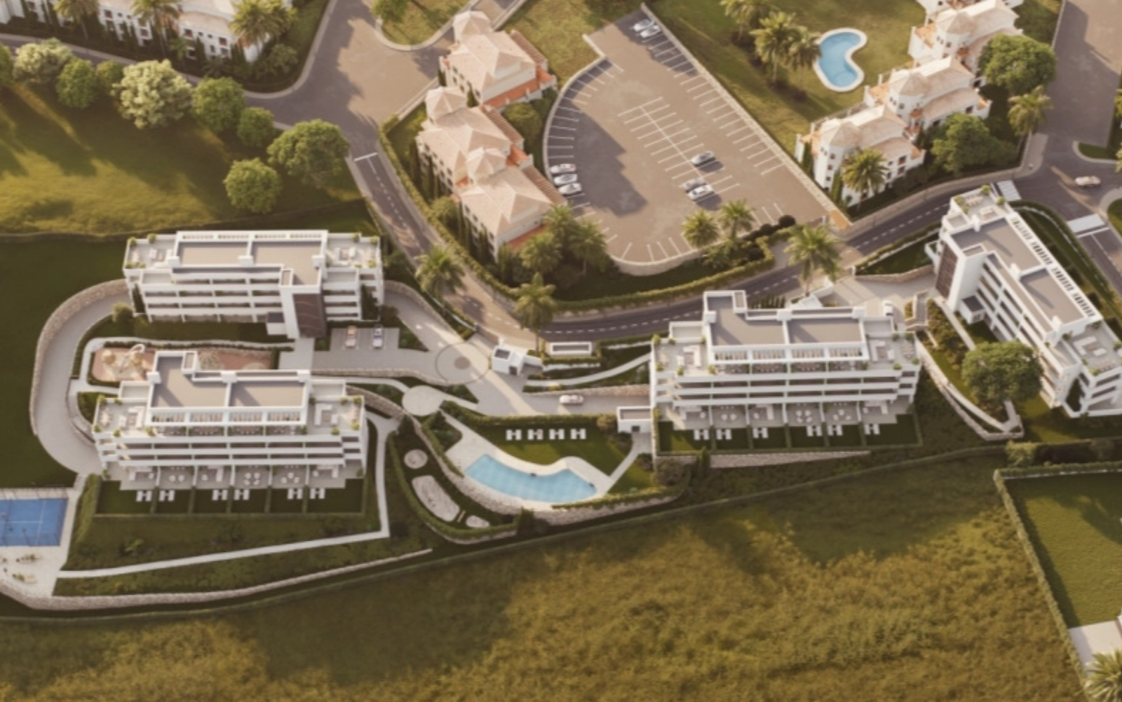 Een luchtfoto die de doordachte indeling van het project toont, ontworpen voor privacy en gemeenschap.