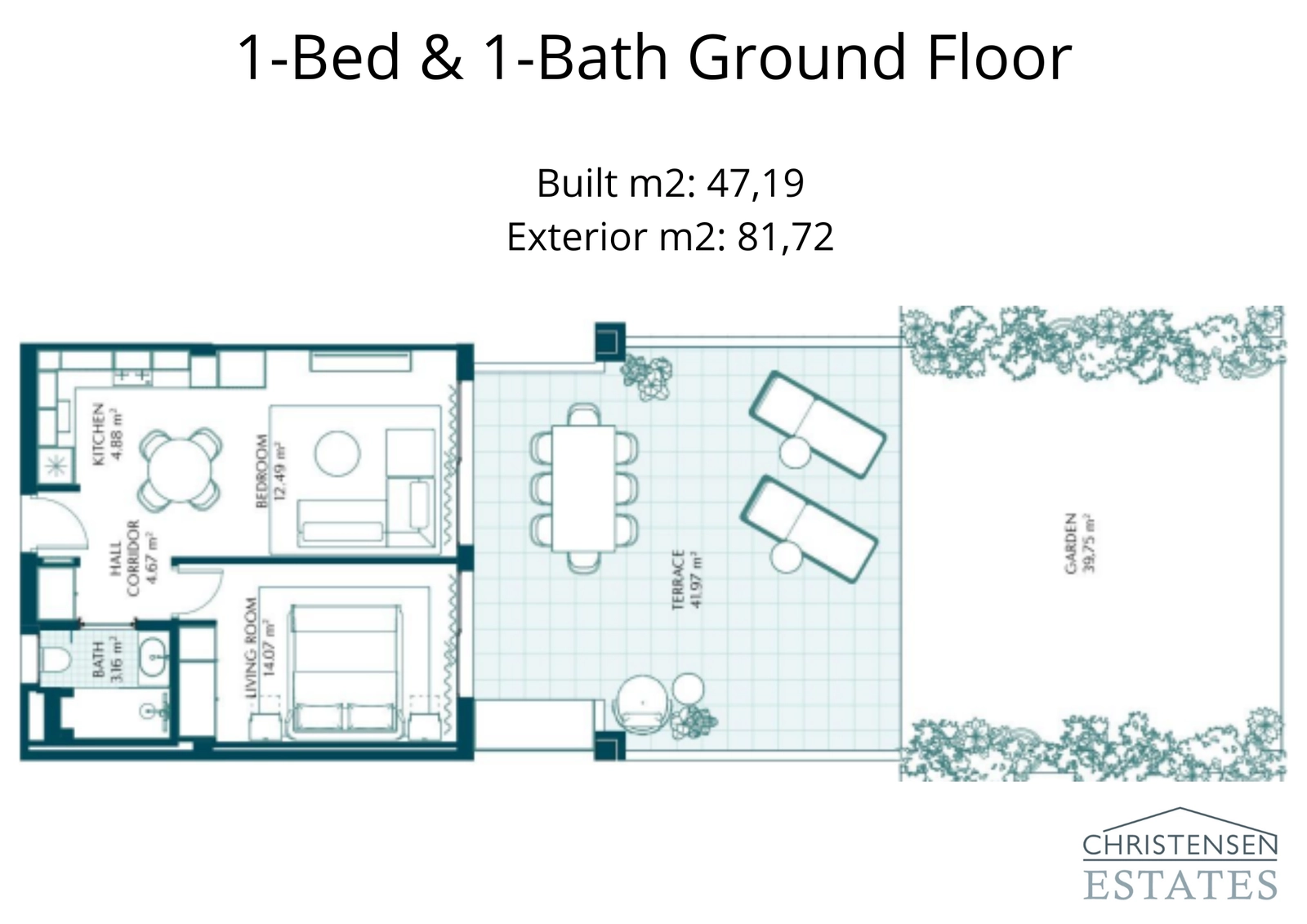 Deze begane grond indeling met één slaapkamer beschikt over een ruim terras en een privétuin, perfect voor binnen-buiten wonen.