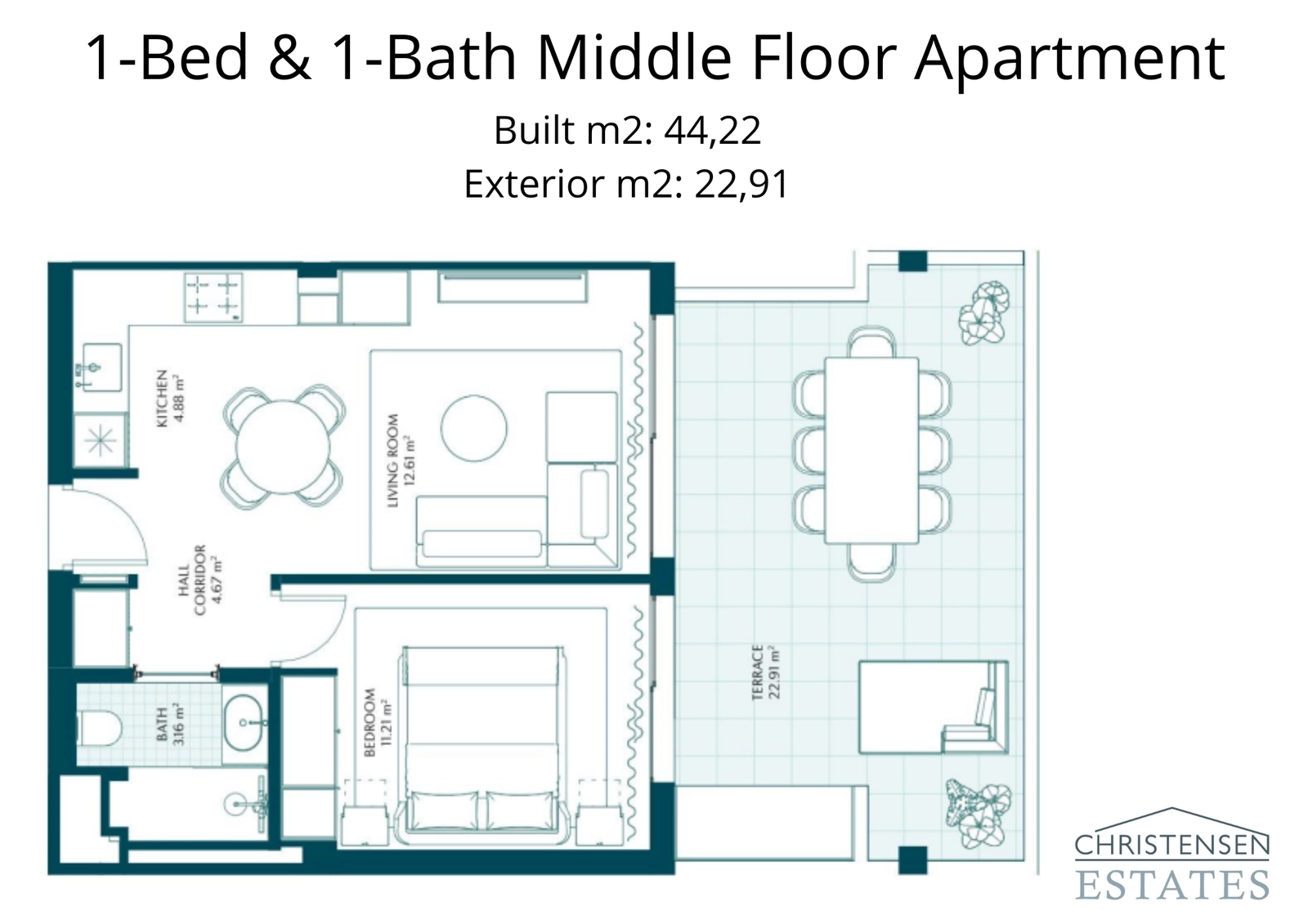Een goed ontworpen appartement met één slaapkamer voor de tussenverdiepingen, met een functionele indeling en een privéterras.