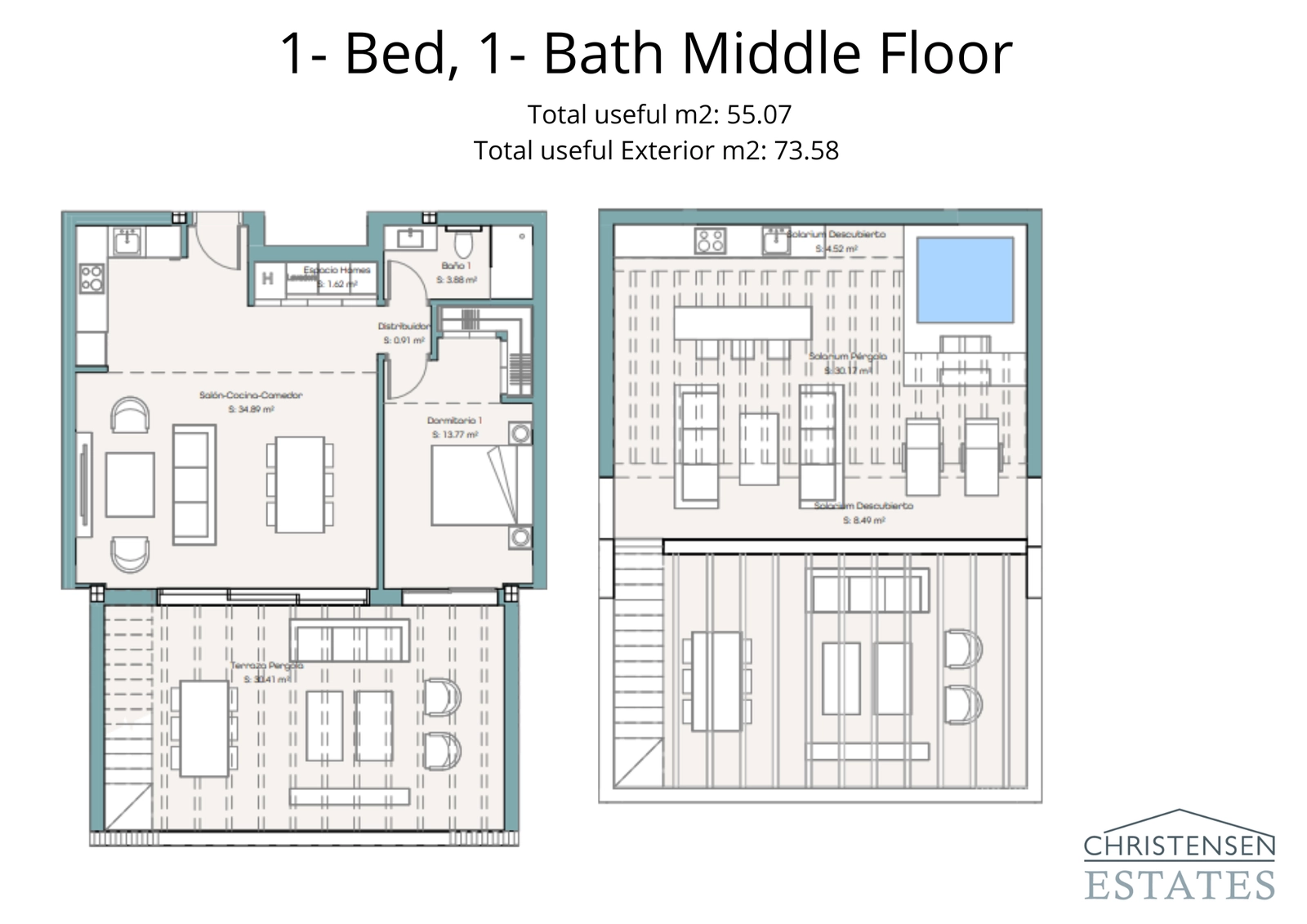 Plattegrond voor een appartement met één slaapkamer met een uitgestrekt terras en solarium, ontworpen voor optimale zonblootstelling.