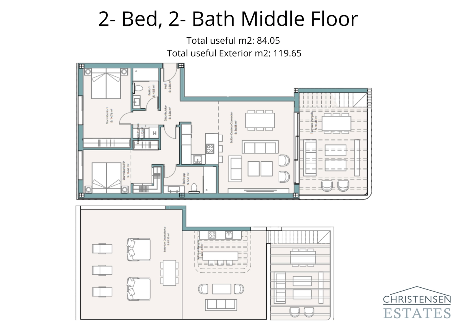 Een goed ontworpen appartementenplan met twee slaapkamers en uitgebreide buitenruimte verdeeld over meerdere terrassen.